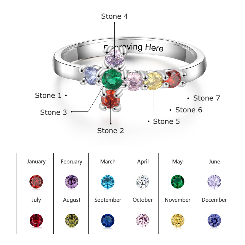 S925 Silver Ring Personalised 7 Birthstones Cross Ring With Names Gifts For Her-Jessemade AU