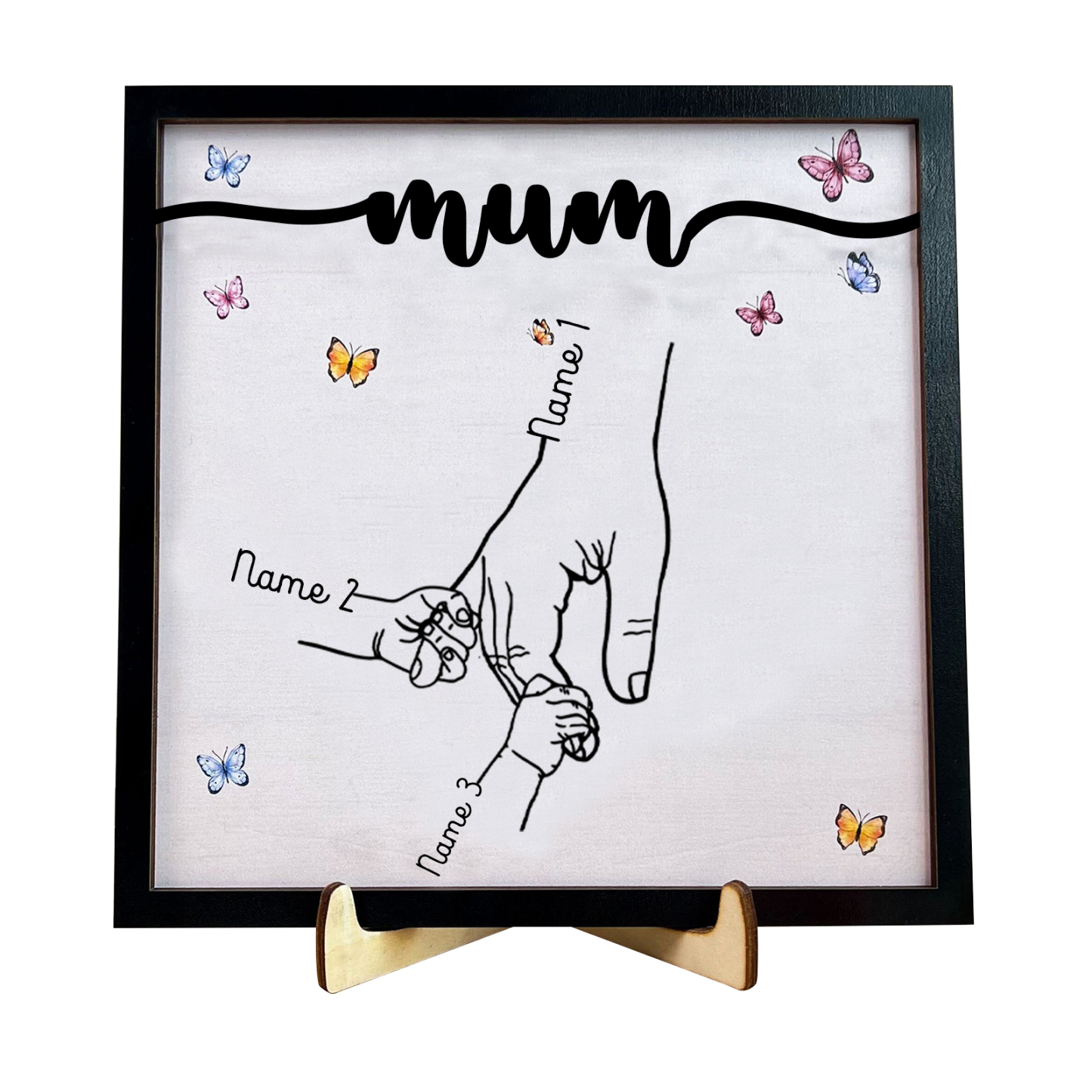 3 Names - Personalised Wooden Plaque Holding Mum's Hand Desktop Decorations Wooden Sign With Stand-Jessemade AU