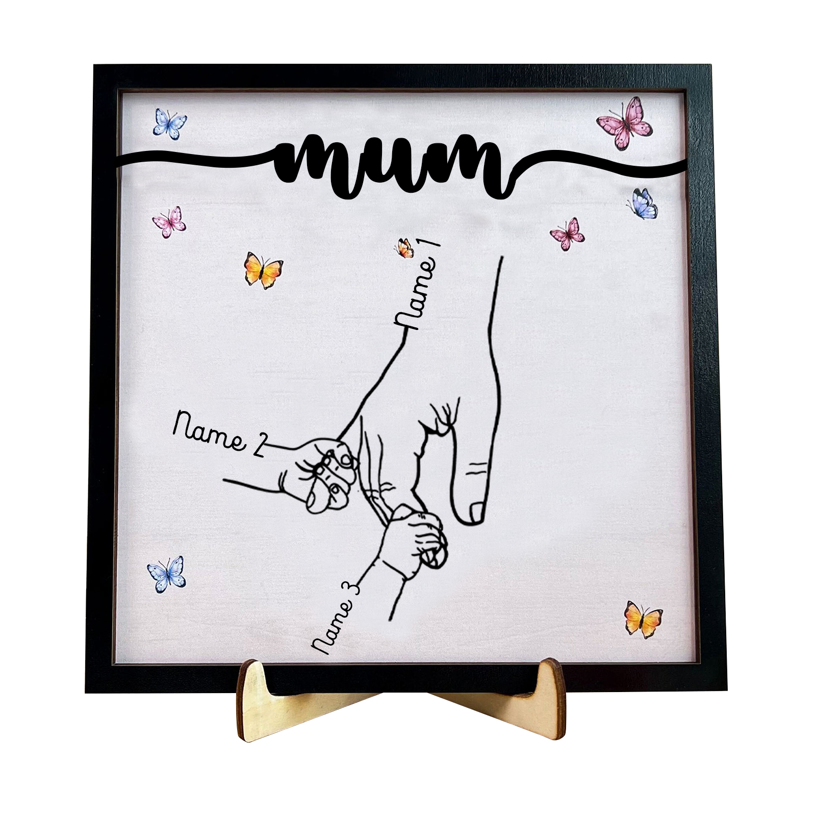 3 Names - Personalised Wooden Plaque Holding Mum's Hand Desktop Decorations Wooden Sign With Stand-Jessemade AU