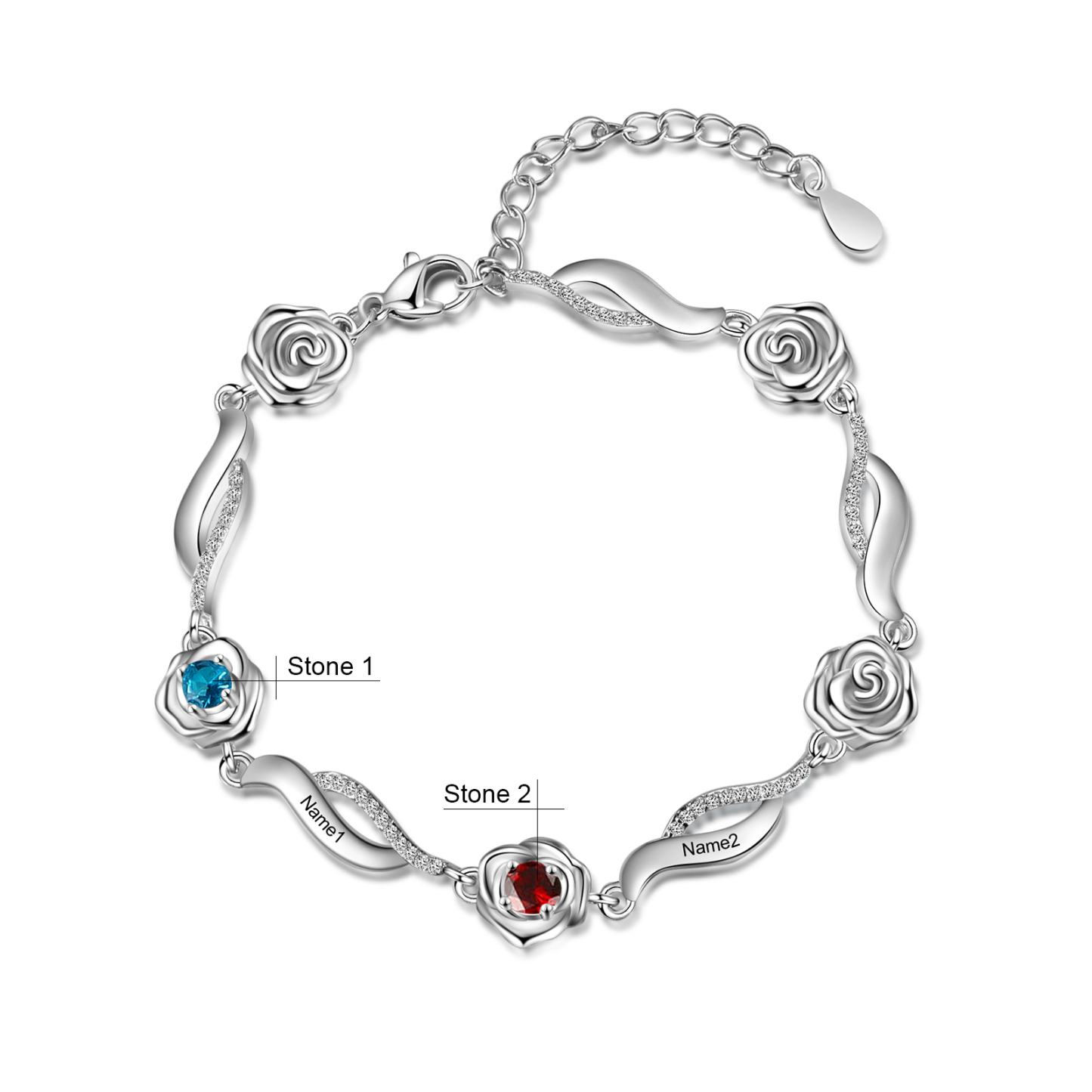 Personalised Rose Bracelet With 2 Birthstones Custom Names Bracelet Gift For Women-Jessemade AU