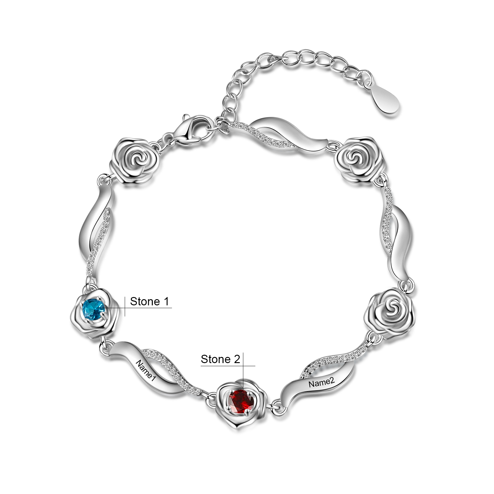 Personalised Rose Bracelet With 2 Birthstones Custom Names Bracelet Gift For Women-Jessemade AU