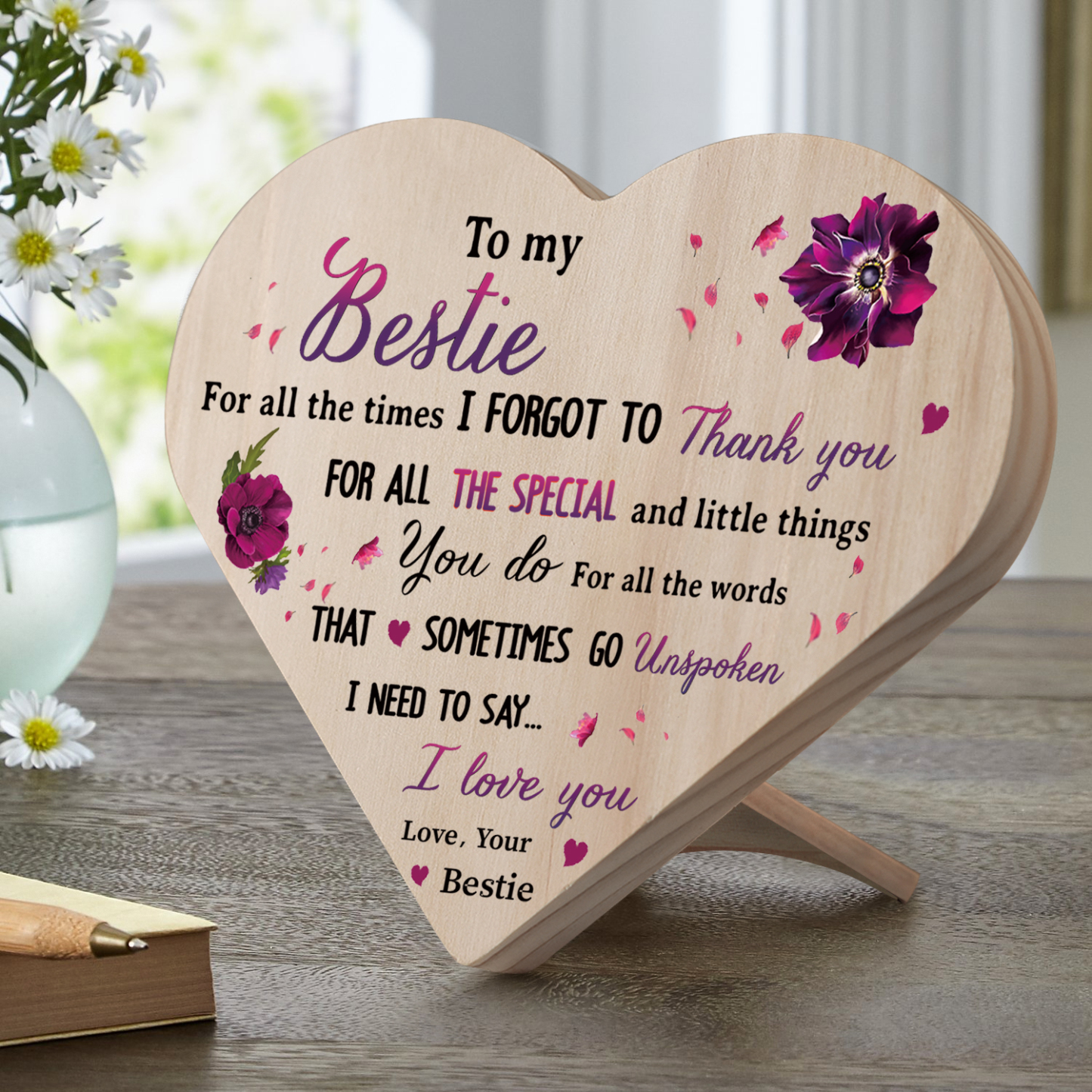 To My Bestie Violet Wooden Heart Keepsake Desktop Ornament "For all the times I forgot to thank you" Friendship Gifts-Jessemade AU