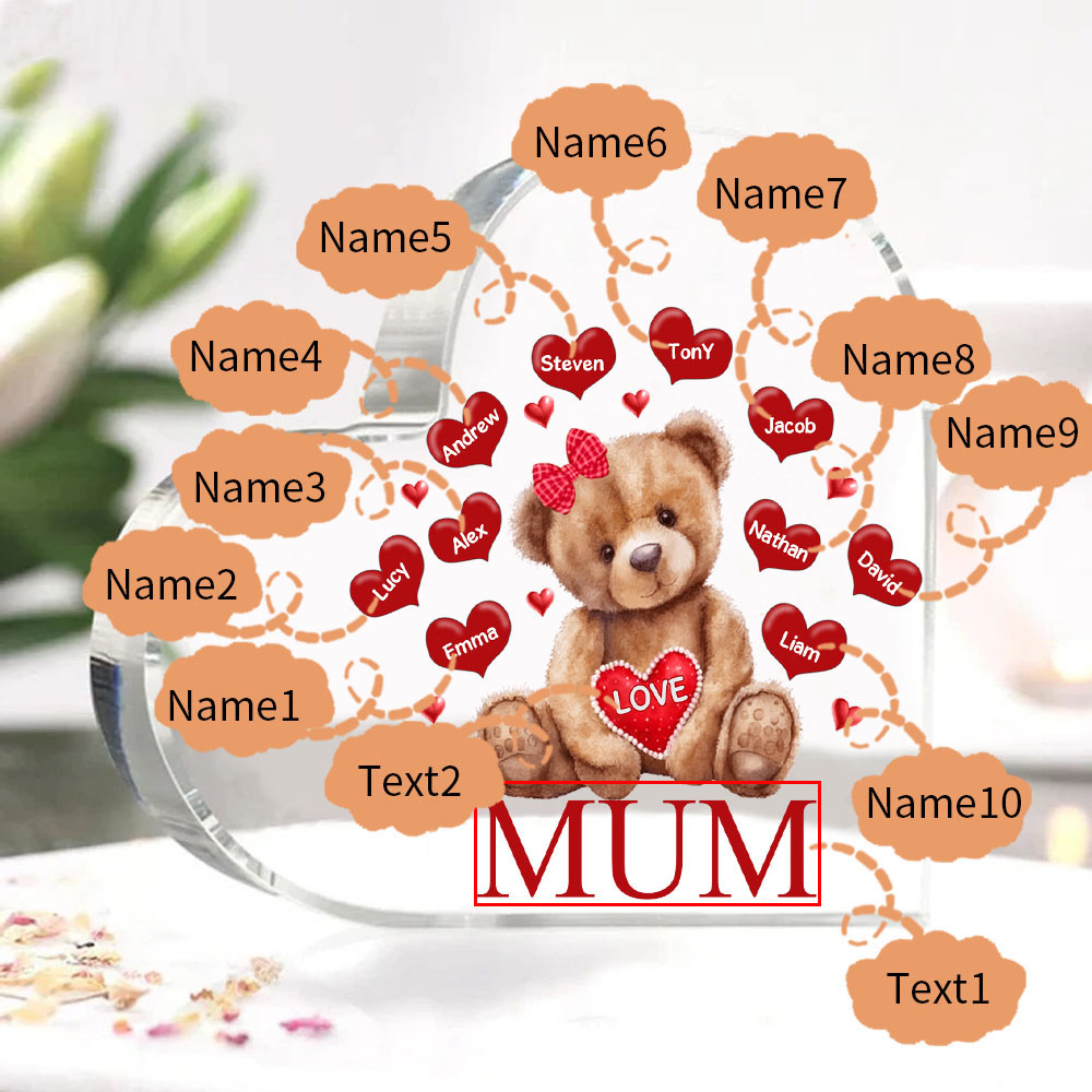 10 Names - Personalised Acrylic Heart Keepsake Custom 2 Texts Teddy Bear Ornaments Gifts for Grandma/Mother-Jessemade AU