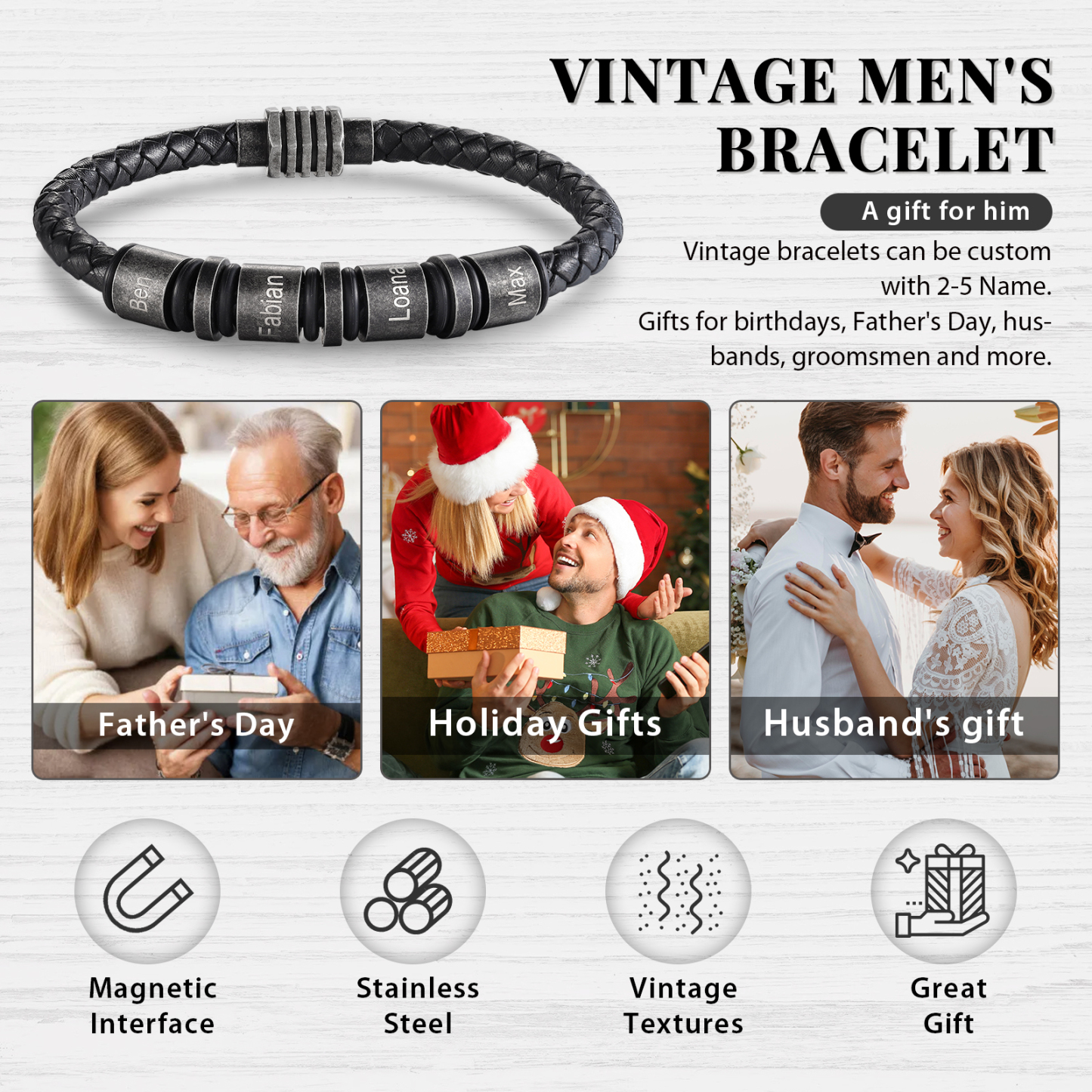 4 Names - Personalised Men's Leather Bracelet Custom Name Braided Bracelet Vintage Gift for Him-Jessemade AU