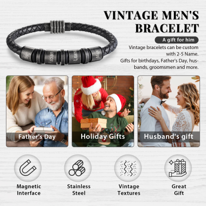 4 Names - Personalised Men's Leather Bracelet Custom Name Braided Bracelet Vintage Gift for Him-Jessemade AU
