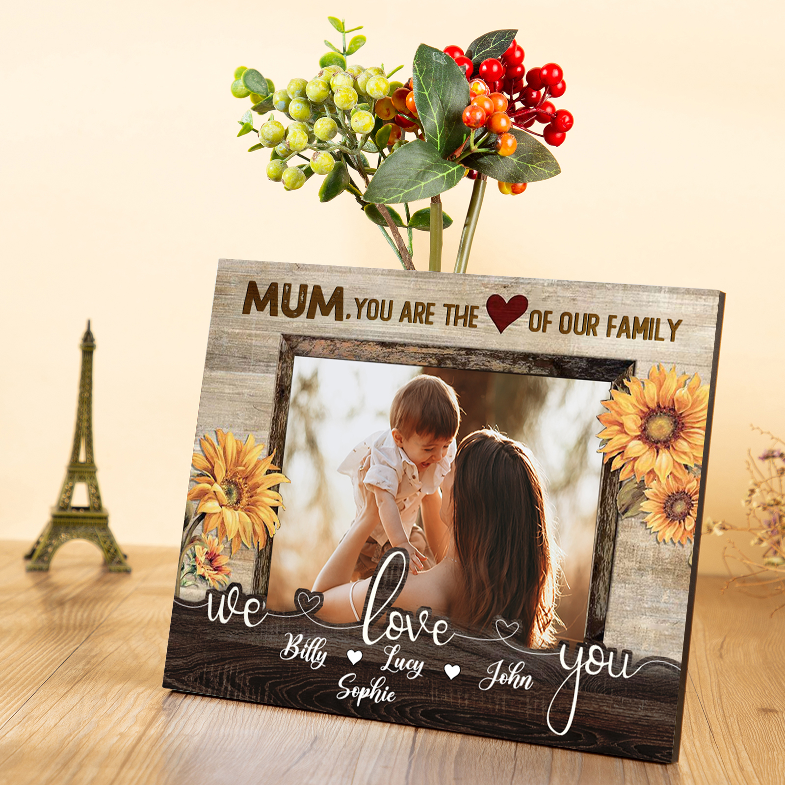 Personalised 4 Names & 1 Photo Wooden Plaque Custom Sunflower Home Decor Gifts for Mum - You Are The Heart/Love Of Our Family-Jessemade AU
