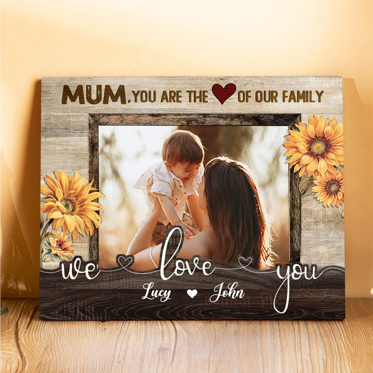 Personalised 2 Names & 1 Photo Wooden Plaque Custom Sunflower Home Decor Gifts for Mum - You Are The Heart/Love Of Our Family-Jessemade AU