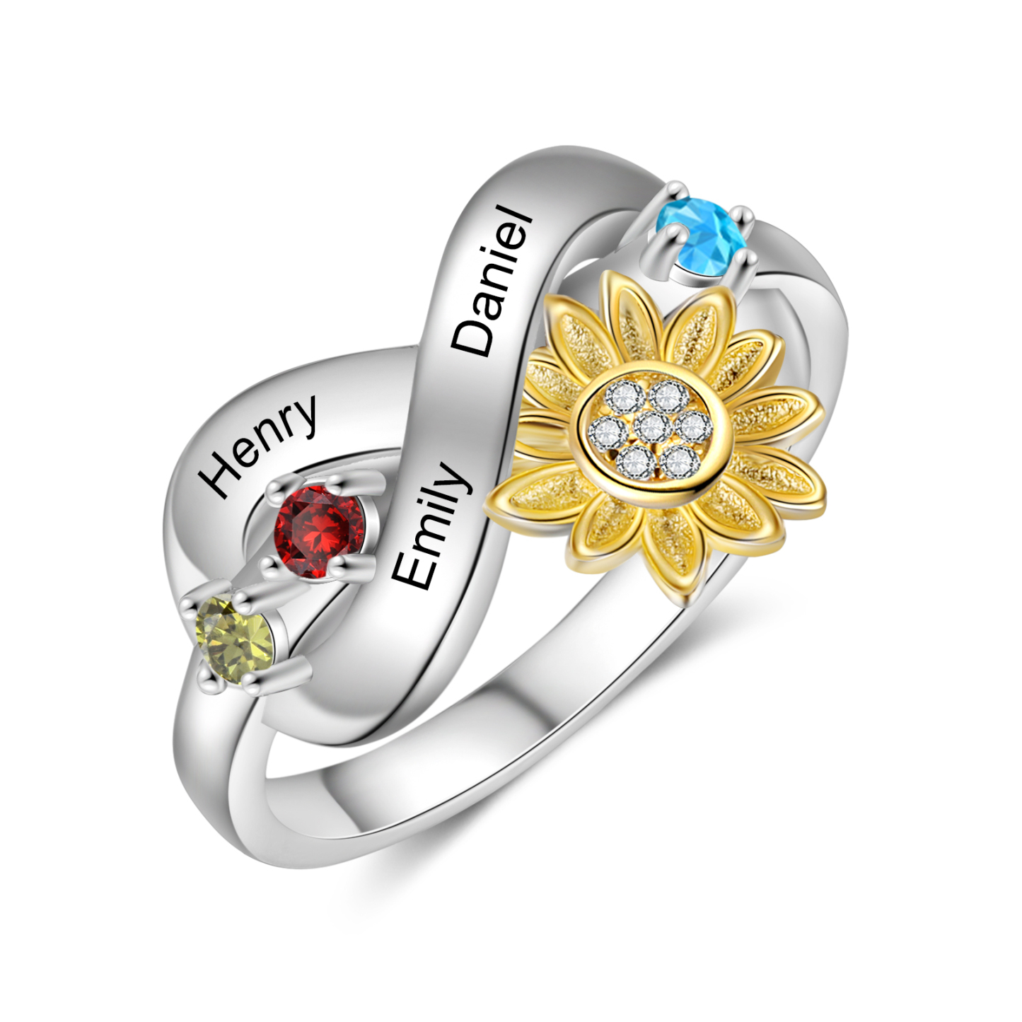 Personalised 3 Birthstones Sunflower Ring Engraved Names Infinity Ring Gifts For Her-Jessemade AU
