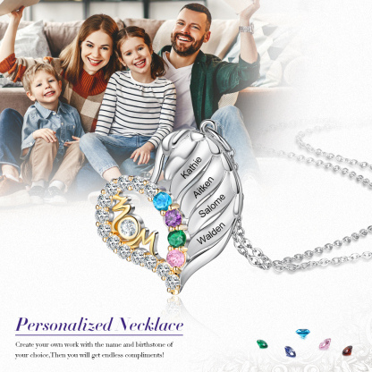 Personalised Heart Necklace With 4 Birthstones Engraved Names Gift For Mother-Jessemade AU