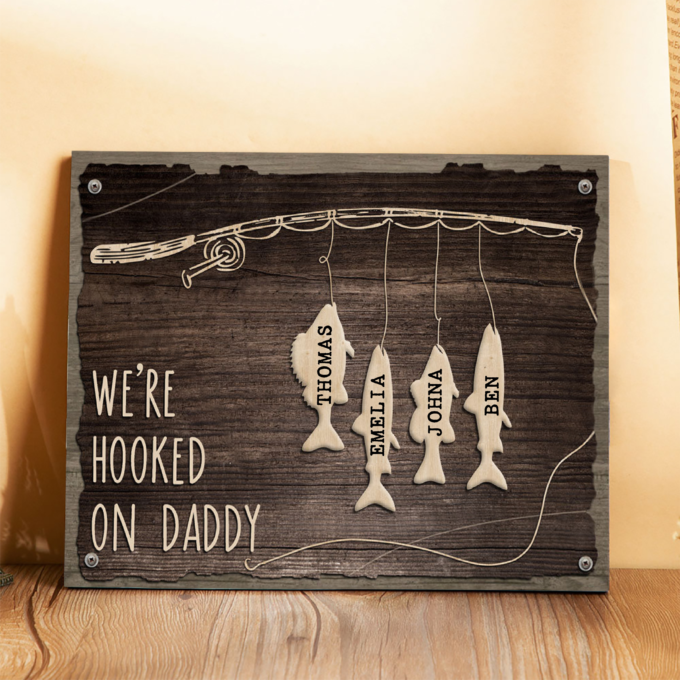 Father's Day Gifts Wood Signs Engrave 4 Names Frame Keepsake -We've Hooked On Daddy-Jessemade AU