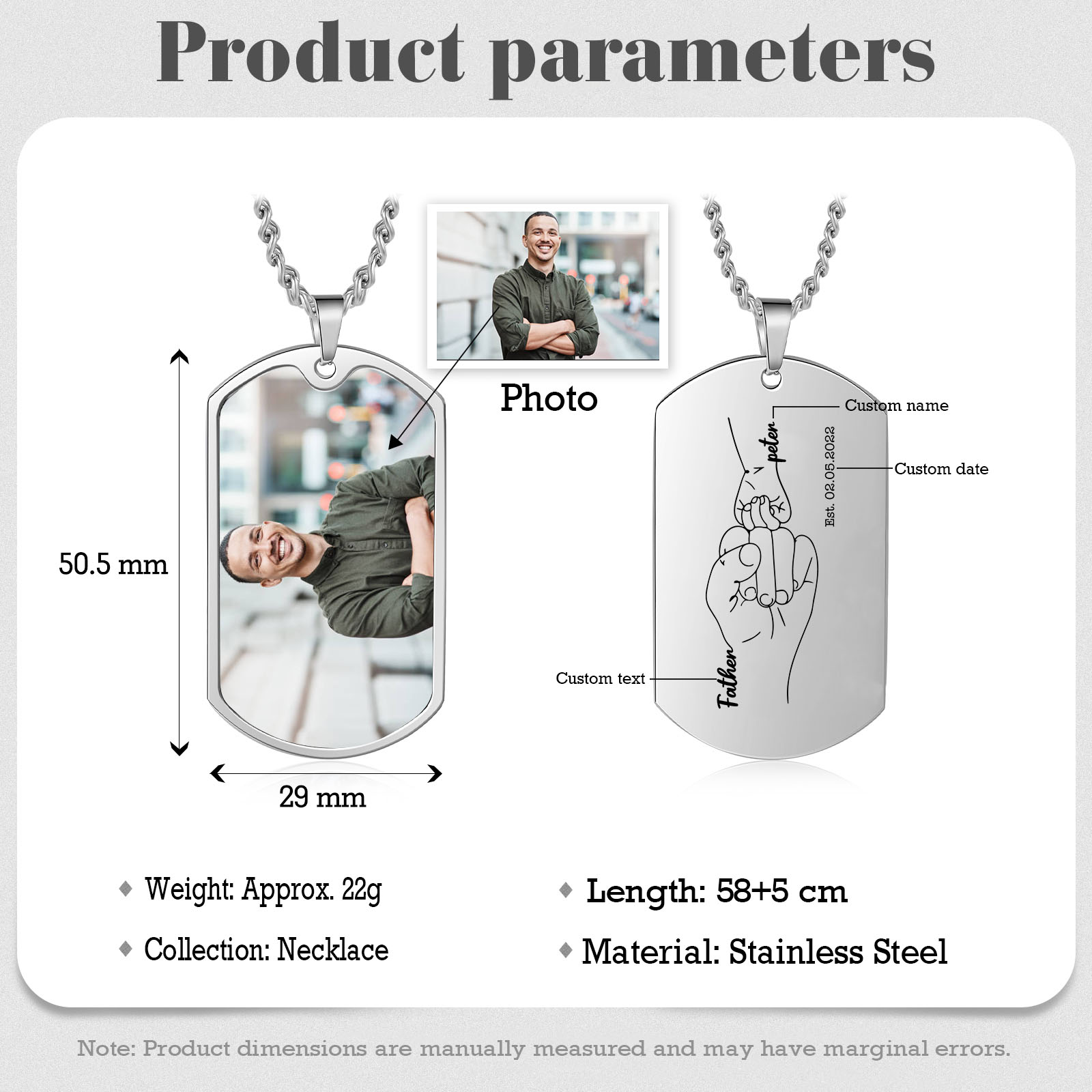 Custom Fist Bump Family Necklace with 1 Kid's Names Personalised Photo Dog Tag Necklace Father's Day Gifts-Jessemade AU