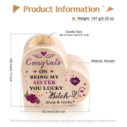 Personalised Heart Candle Holder Customised 2 Names Violet Wooden Candlestick "Congrats On Being My Sister" Funny Gift for Friend-Jessemade AU