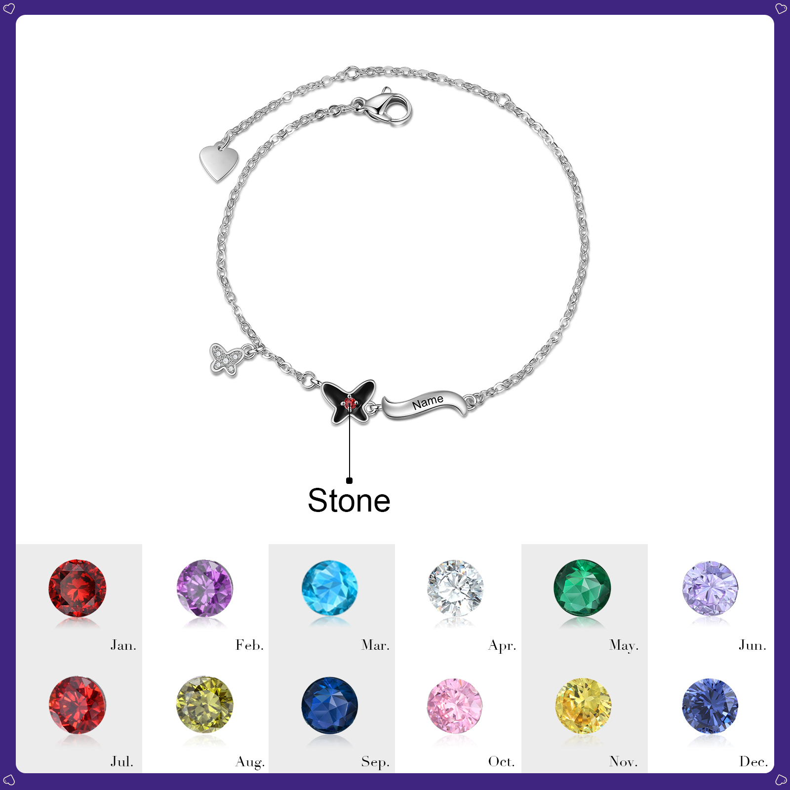Personalised Butterfly Bracelet With 1 Birthstone Engrave Name Necklace Gift For Women-Jessemade AU