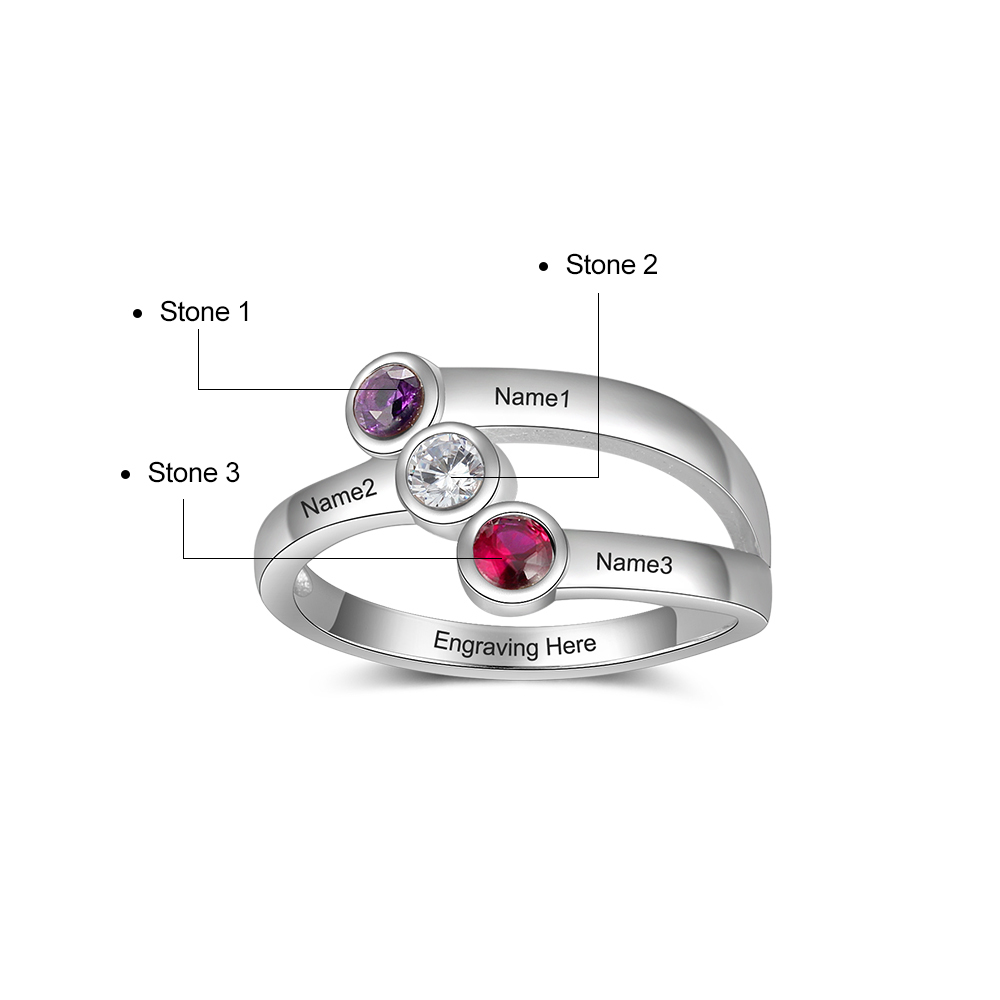 Personalised Ring With 3 Birthstones Engraved Names Ring Gift For Women-Jessemade AU