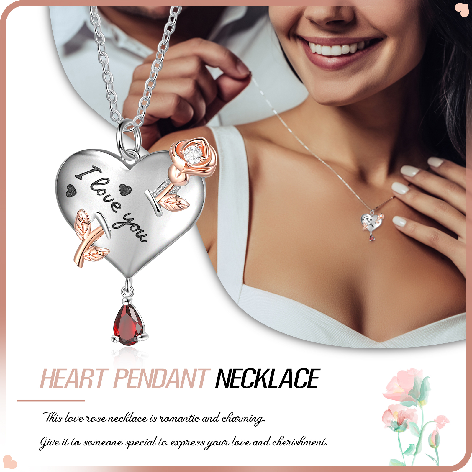 Personalised Heart Rose Necklace With Birthstone Valentine's Day Gifts For Her-Jessemade AU