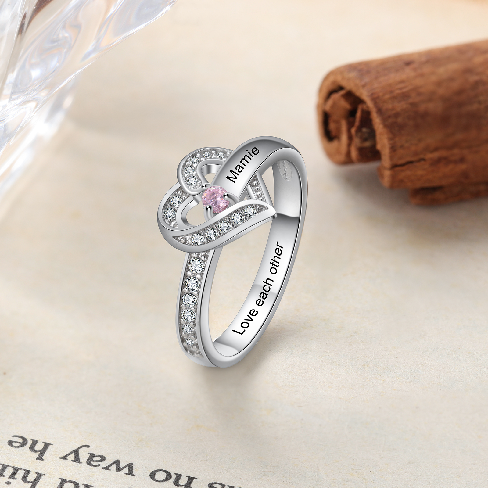Personalised Heart Ring With 1 Birthstone Engraved Names Ring Gift For Women-Jessemade AU