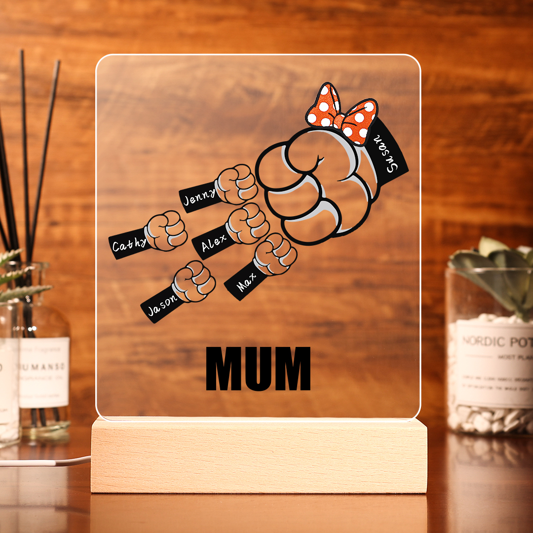 6 Names - Personalised Acrylic Night Light Custom Names & Text Fist Bump LED Lamp Gifts for Family-Jessemade AU