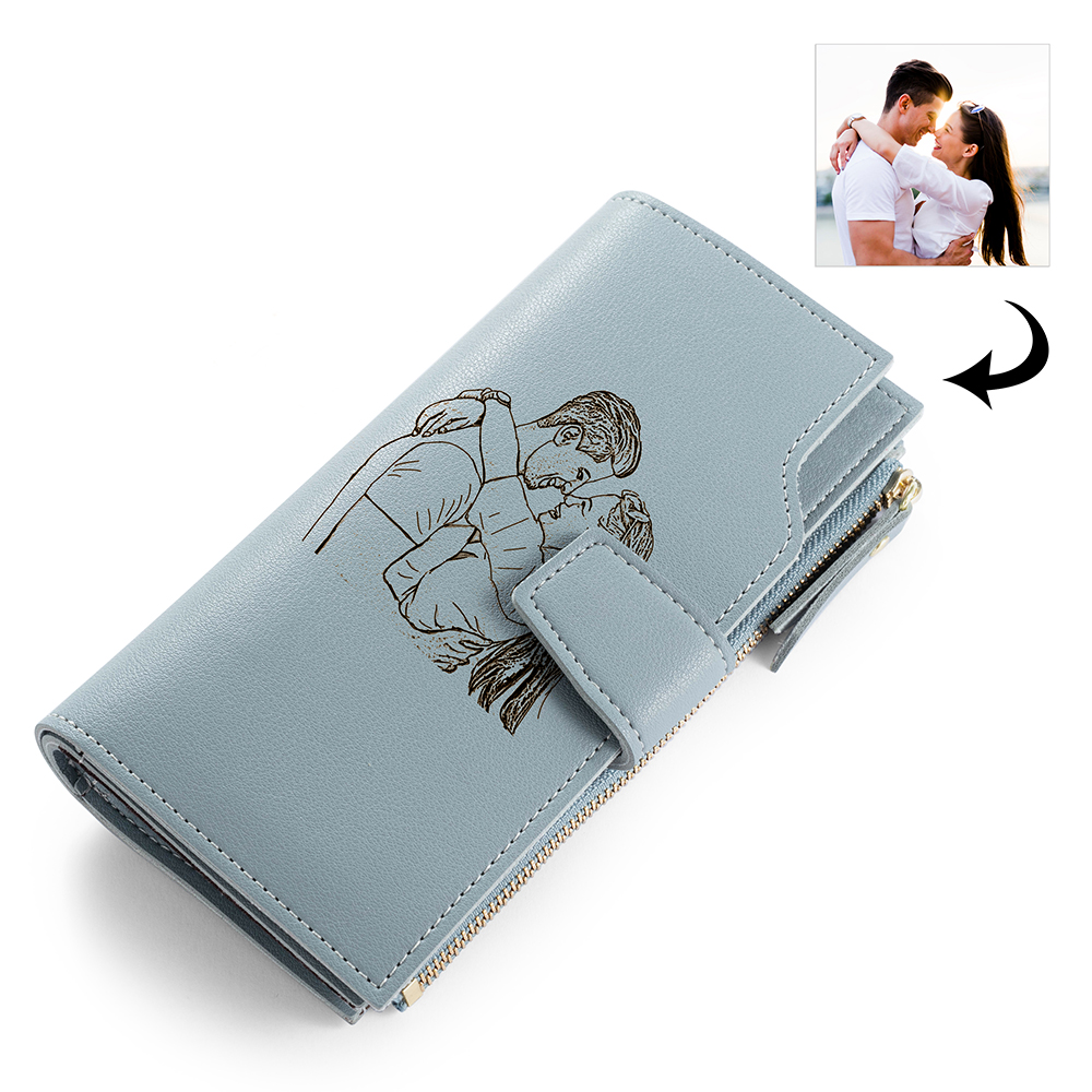 Blue Personalised Leather Wallet Engraved Photo Long Purse Gifts For Women-Jessemade AU
