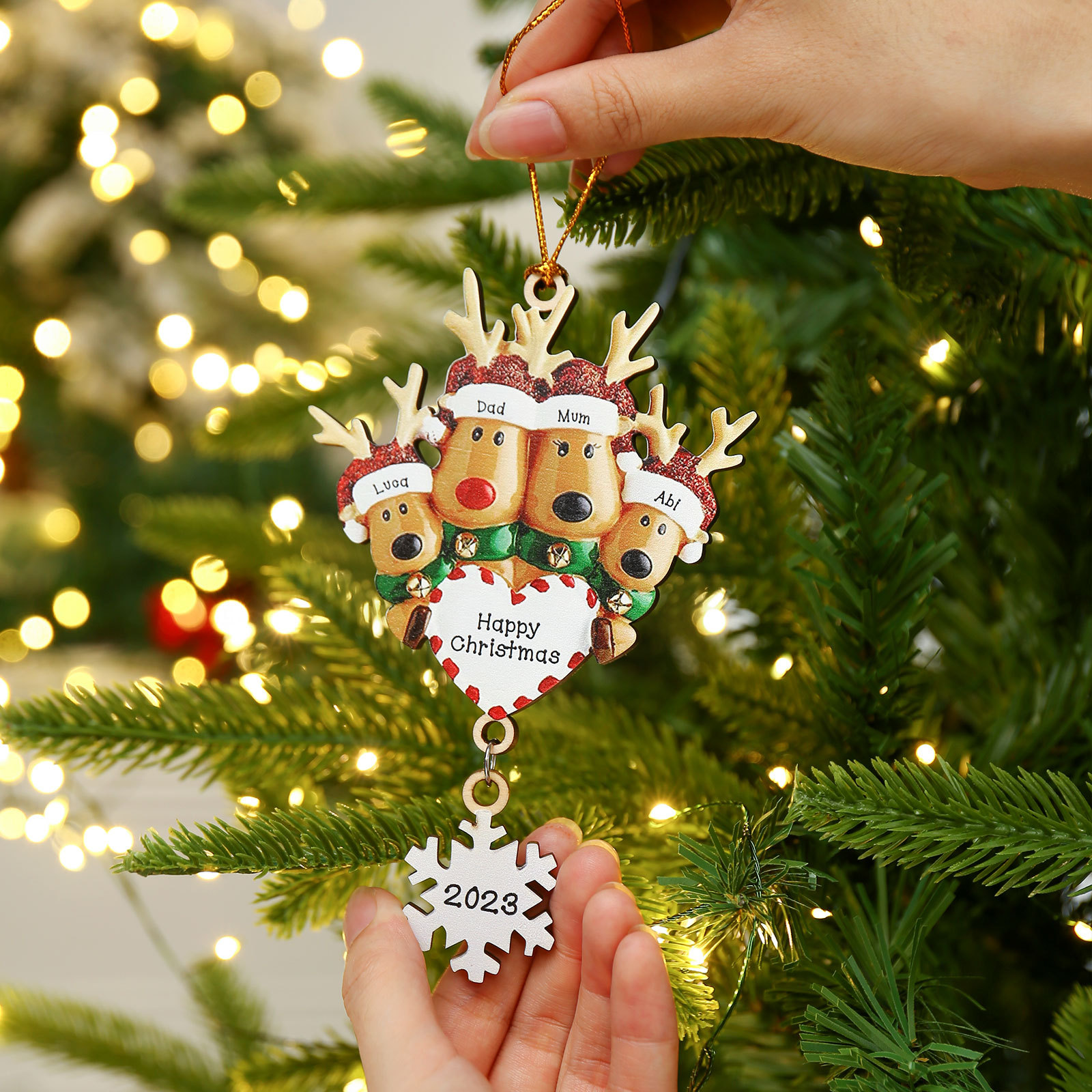 4 Names - Personalised Reindeer Christmas Ornament Customised Name & Text & Year Wooden Hanging Ornaments Christmas Gift for Family-Jessemade AU