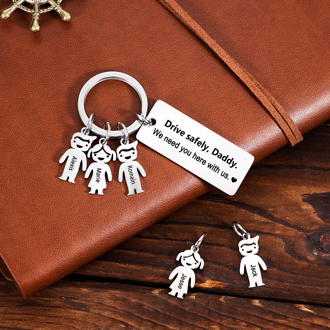 Drive Safe Personalised Keychain with Kid Charm Engraved 2 Names Family Keychain for Him
