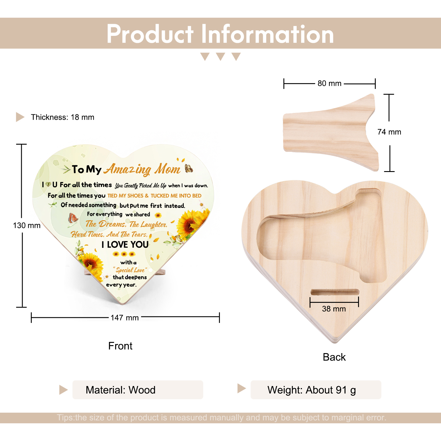 To My Amazing Mom I ❤️ U Wooden Flowers Heart Keepsake Desktop Ornament-Jessemade AU