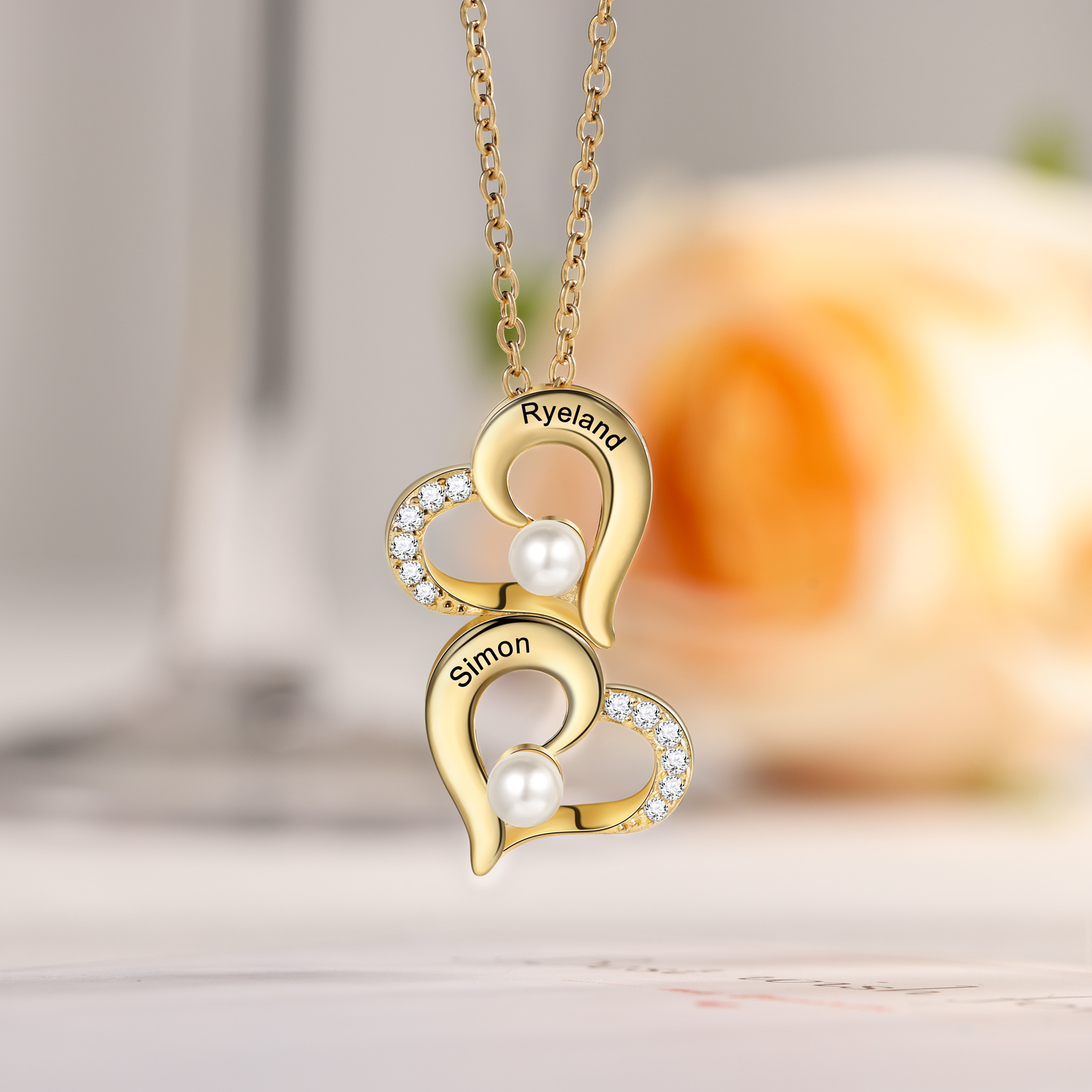 2 Names - Personalised Heart Shape Pendant Necklace Women's Customised Name Necklace Pearl Necklace Birthday Gift for Mother-Jessemade AU