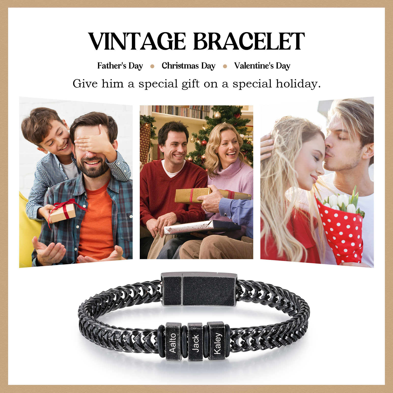 3 Names - Men's Vintage Bracelet Customised Name Stainless Steel Bracelet Personalised Gift for Him-Jessemade AU