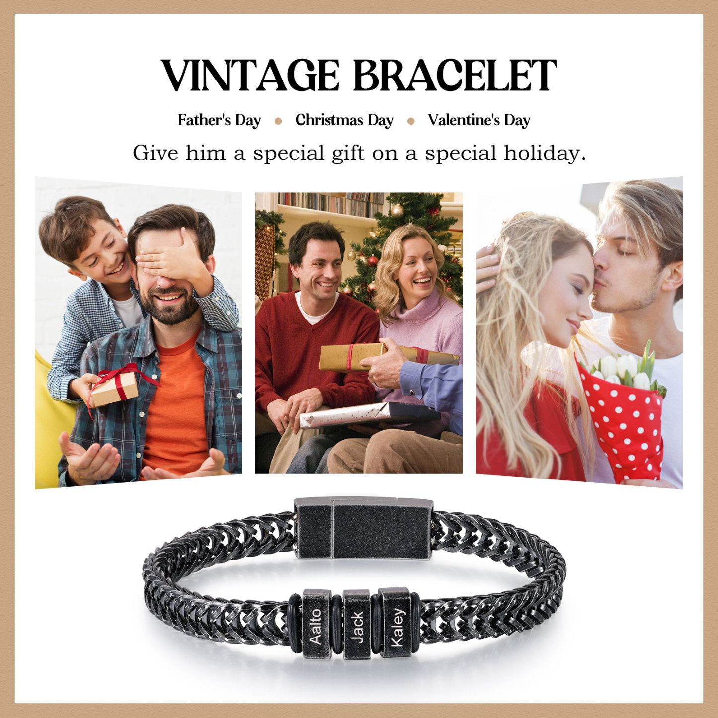 3 Names - Men's Vintage Bracelet Customised Name Stainless Steel Bracelet Personalised Gift for Him-Jessemade AU