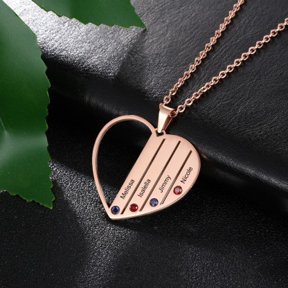 Personalised Heart Necklace With 4 Birthstones Engraved Names Gift For Her-Jessemade AU