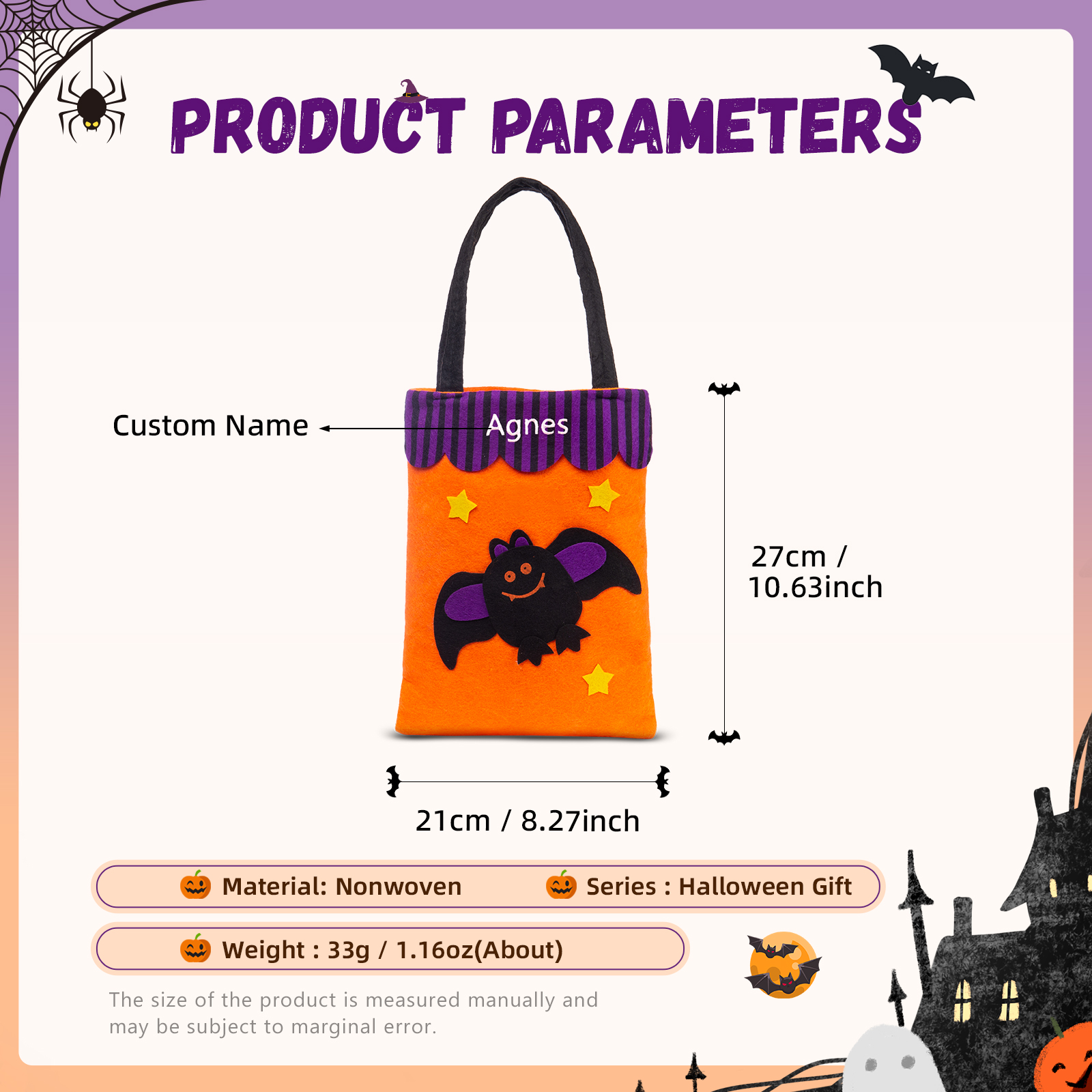 Personalised Halloween Tote Bags Custom 1 Name Tote Bag Halloween Candy Bag for Kids-Jessemade AU