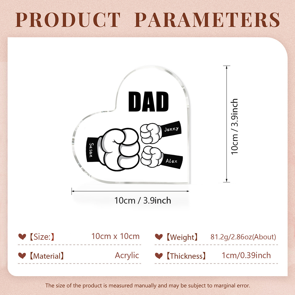 Personalised Acrylic Heart Keepsake Custom 3 Names & 1 Text Fist Bump Ornaments Gifts for Dad/Grandpa-Jessemade AU