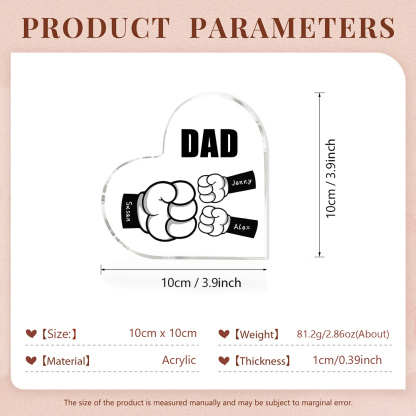 Personalised Acrylic Heart Keepsake Custom 3 Names & 1 Text Fist Bump Ornaments Gifts for Dad/Grandpa-Jessemade AU