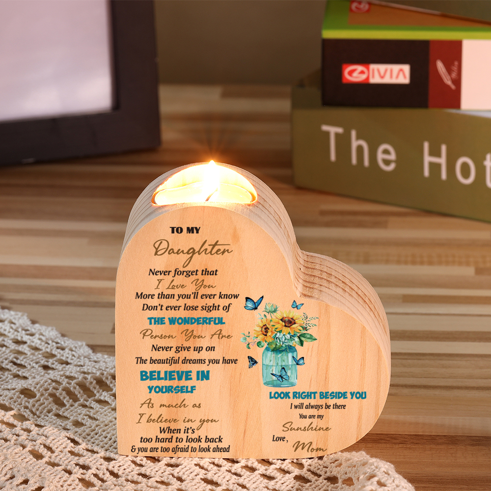 To My Daughter-Wooden Heart Candle Holder Sunflowers Candlesticks "I will always be there"-Jessemade AU