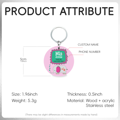 Customised Name and Phone Number Keychain Pink Elephant Back-to-School Gift for Kids-Jessemade AU