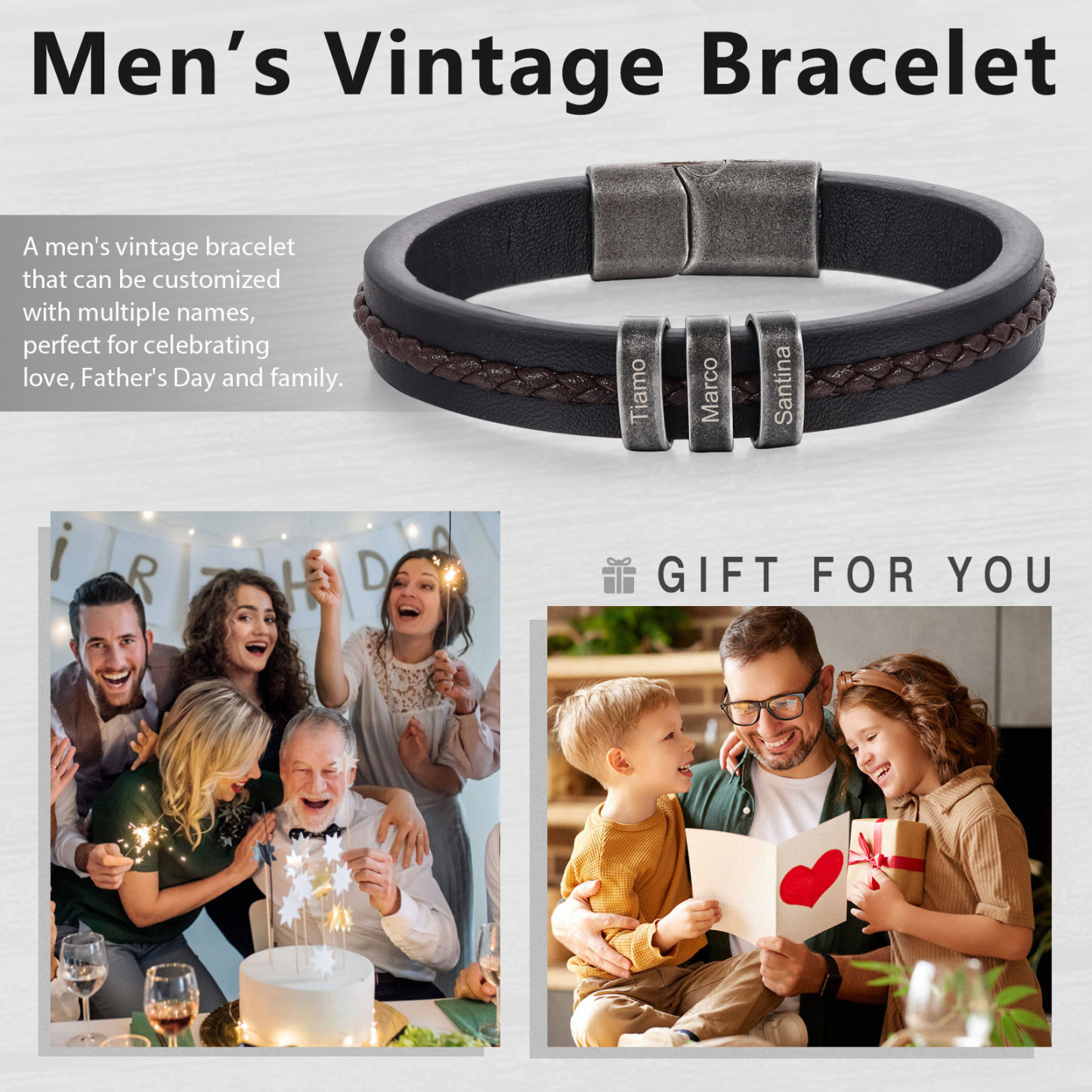 3 Names - Personalised Men's Leather Bracelet Custom Text Beaded Bracelets Vintage Gift for Him