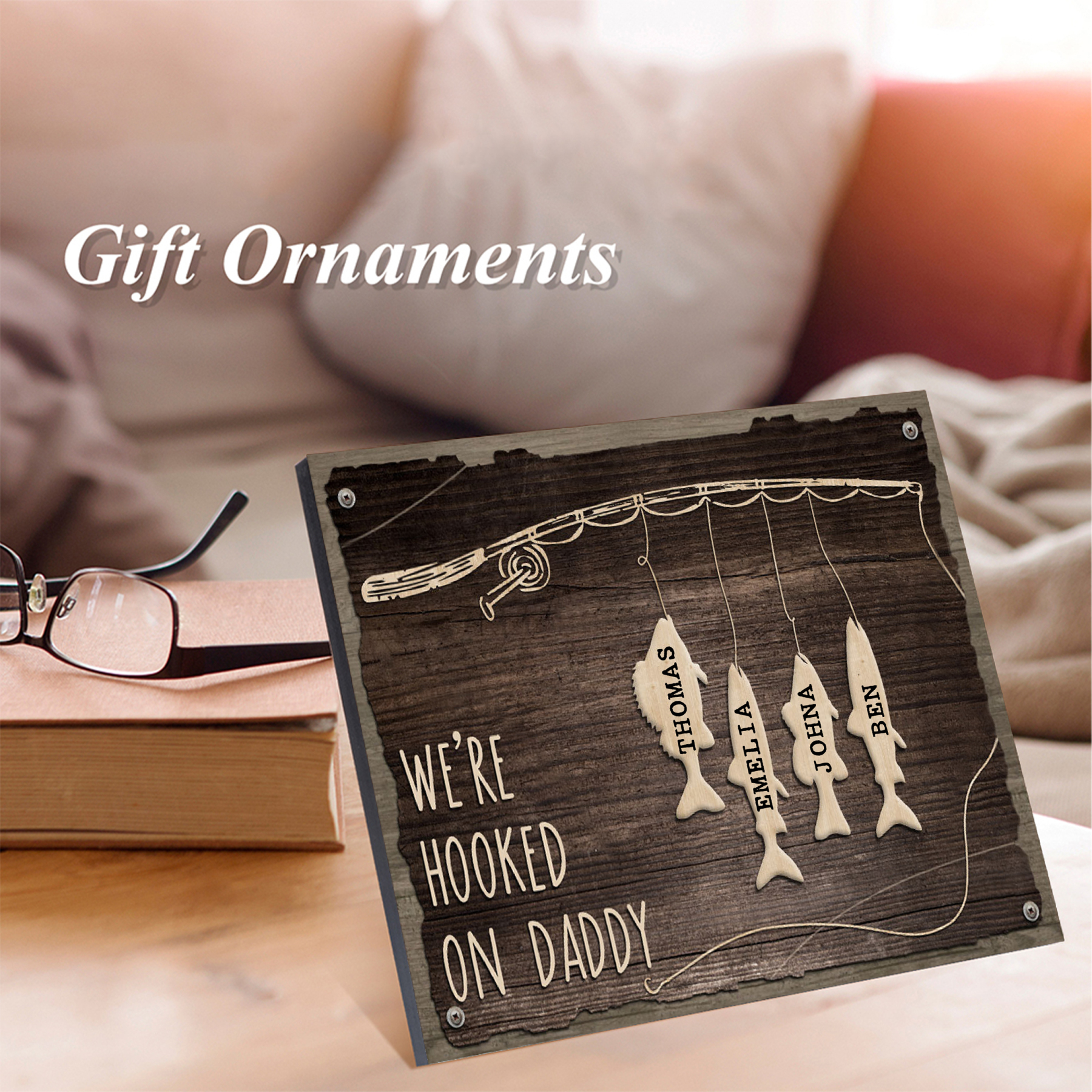 Father's Day Gifts Wood Signs Engrave 4 Names Frame Keepsake -We've Hooked On Daddy-Jessemade AU