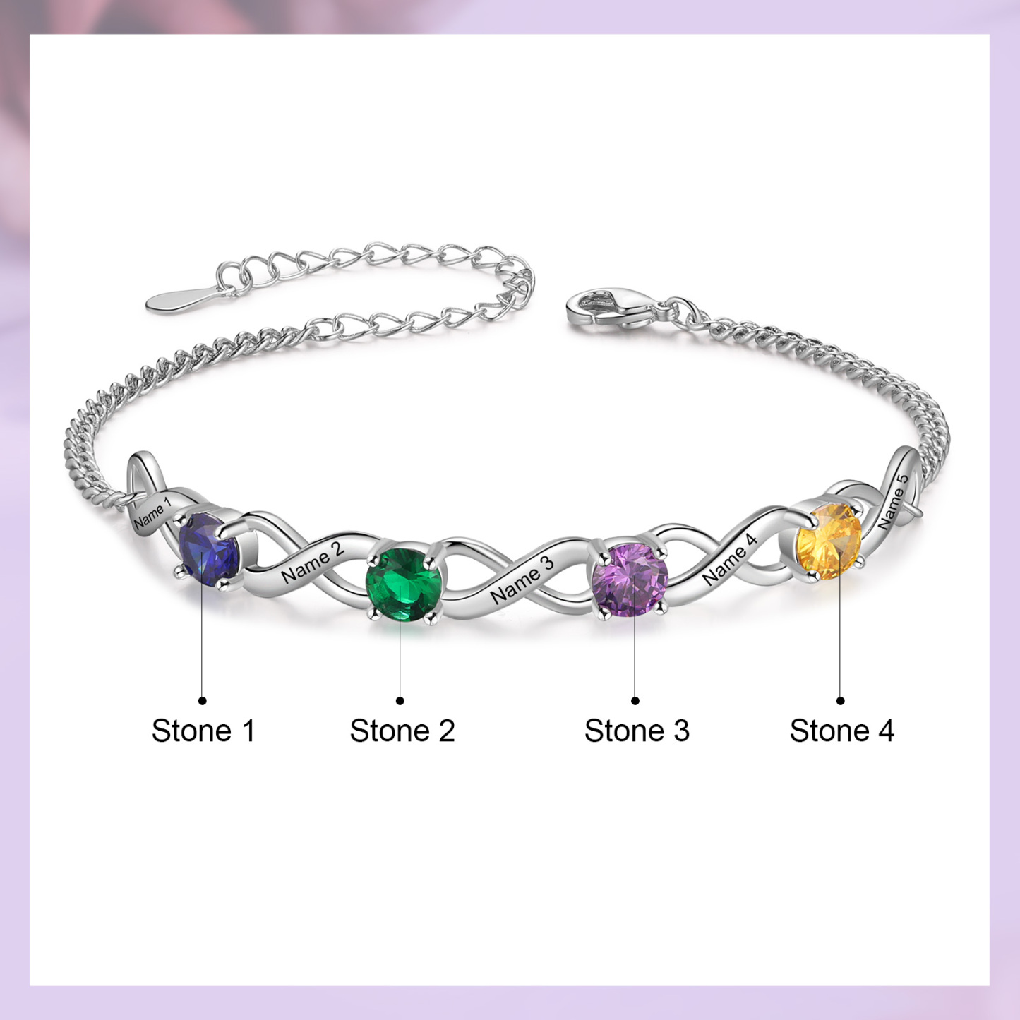 Personalised Infinity Bracelet Custom 4 Birthstones & 5 Names Bracelet Birthday Gift for Her-Jessemade AU
