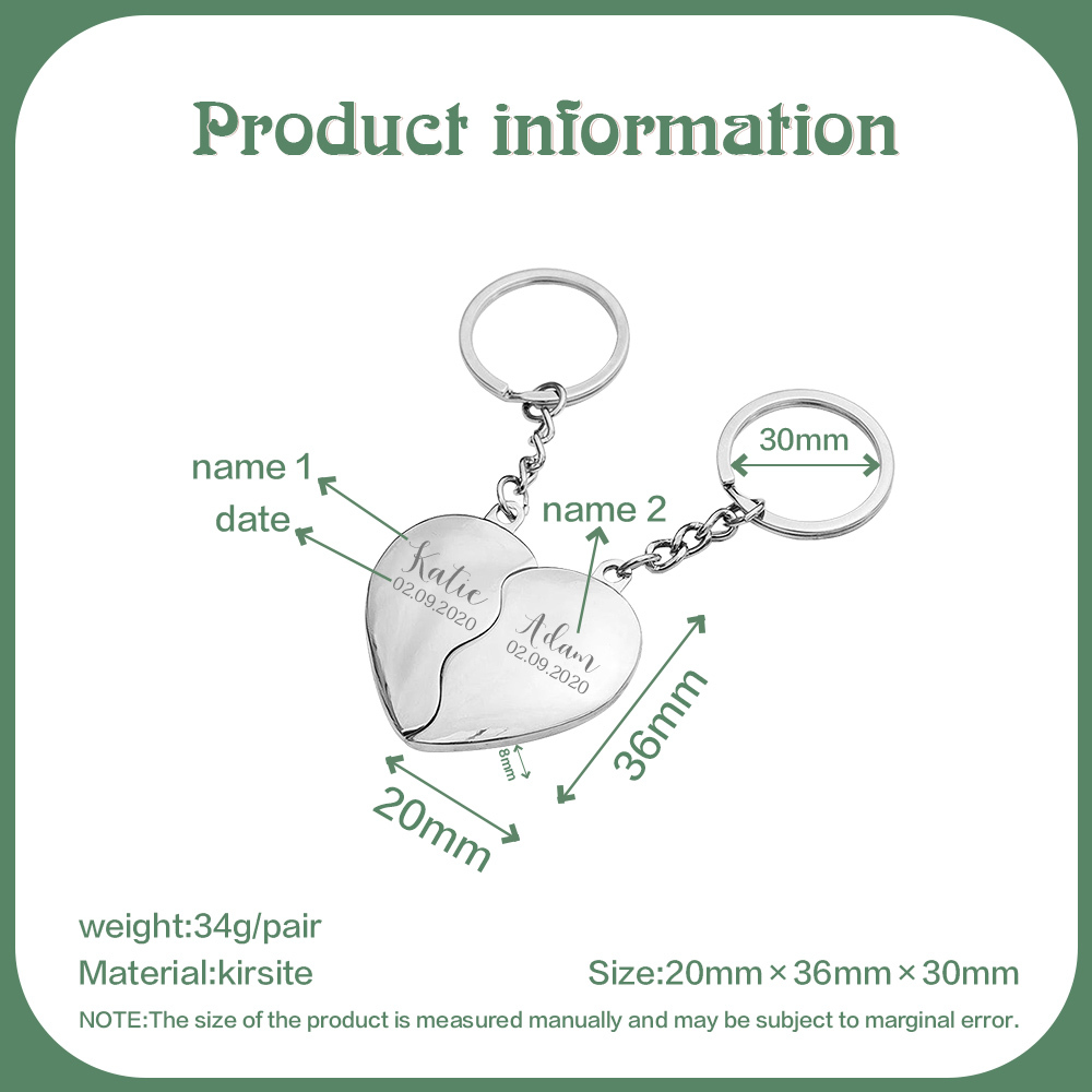 Personalised Couple Heart Keychain Set Custom 2 Names & Date Matching Couple Keyring Valentine's Day Gifts For Couples-Jessemade AU