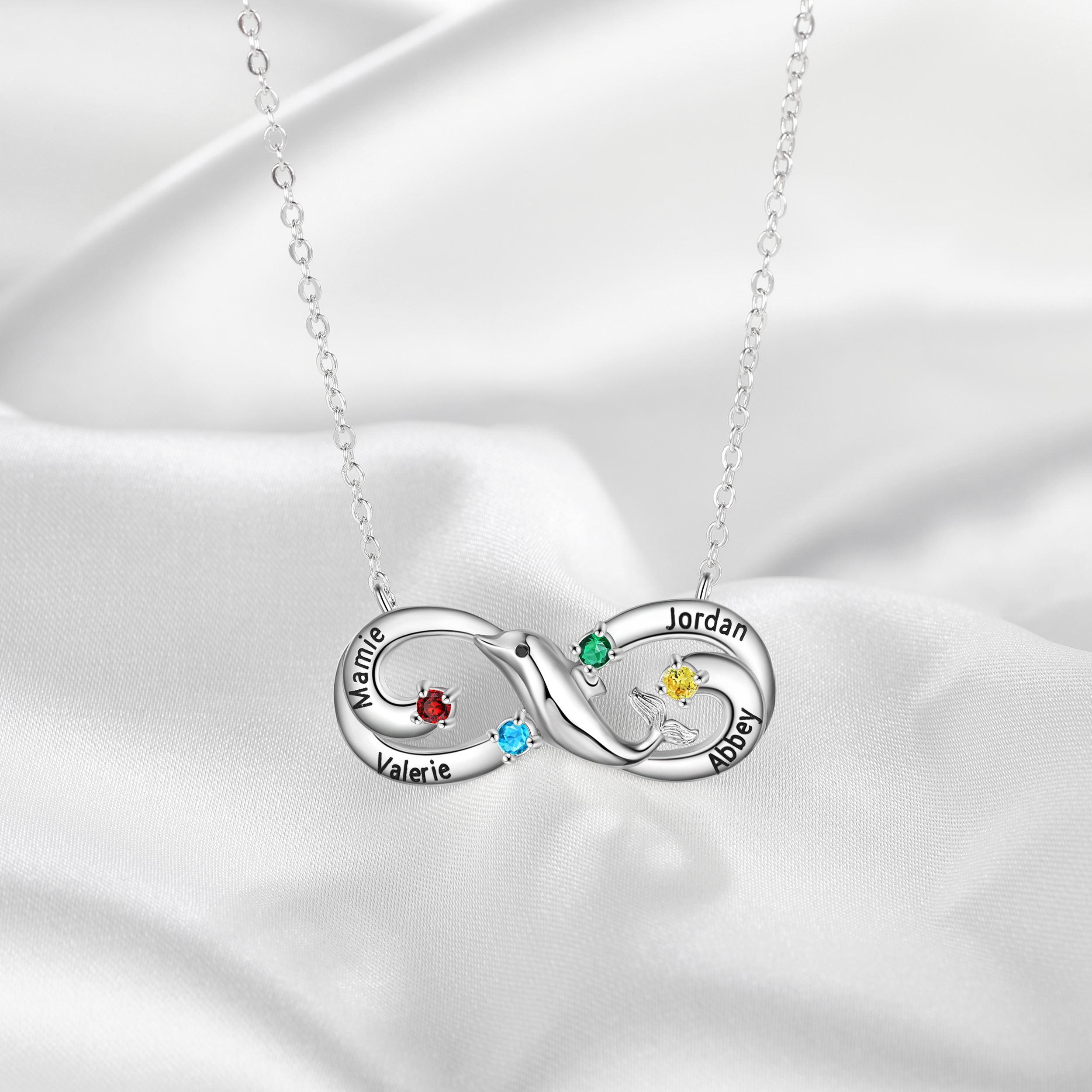 Personalised Infinite Dolphin Necklace With 4 Birthstones Custom Names Best Gift For Her-Jessemade AU