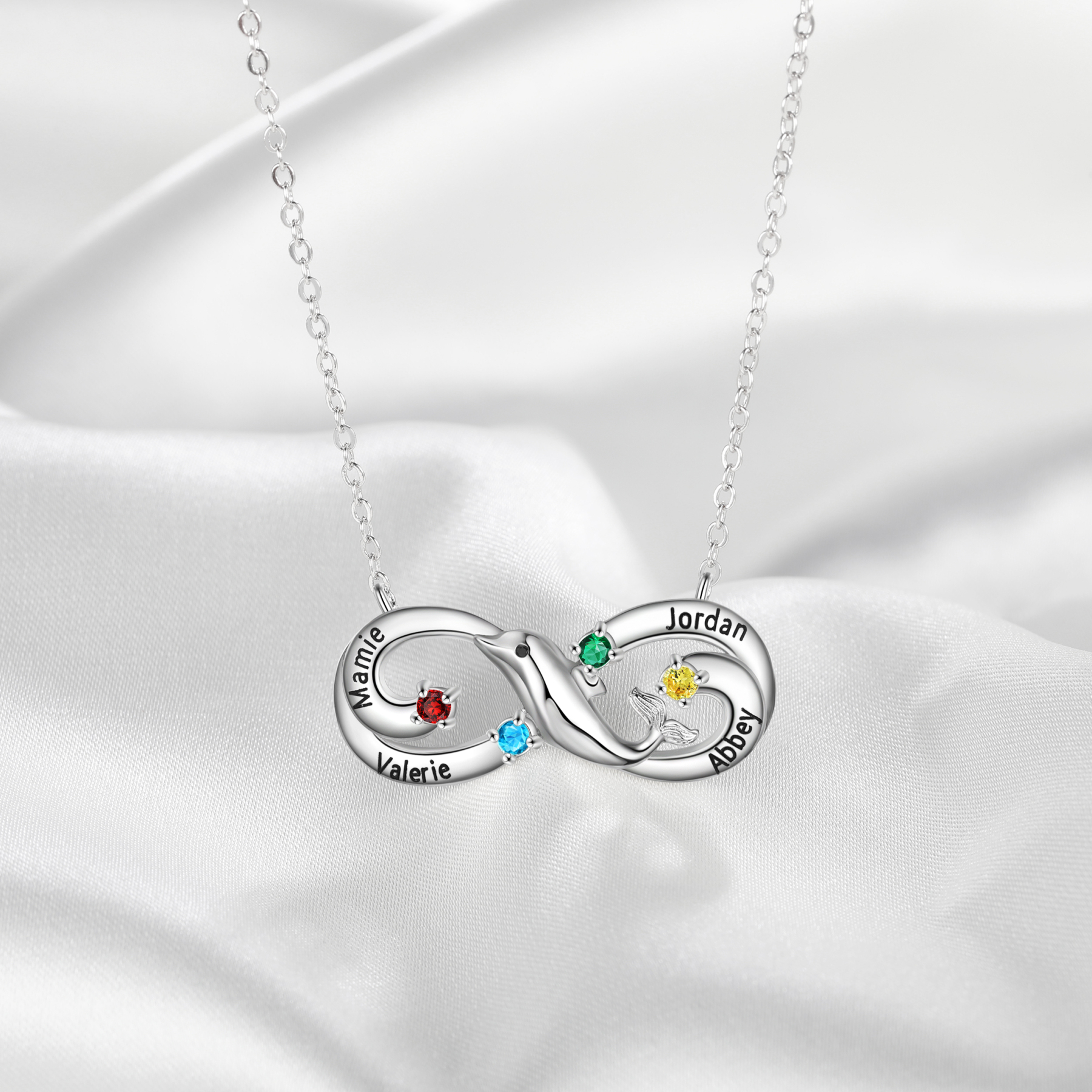 Personalised Infinite Dolphin Necklace With 4 Birthstones Custom Names Best Gift For Her-Jessemade AU