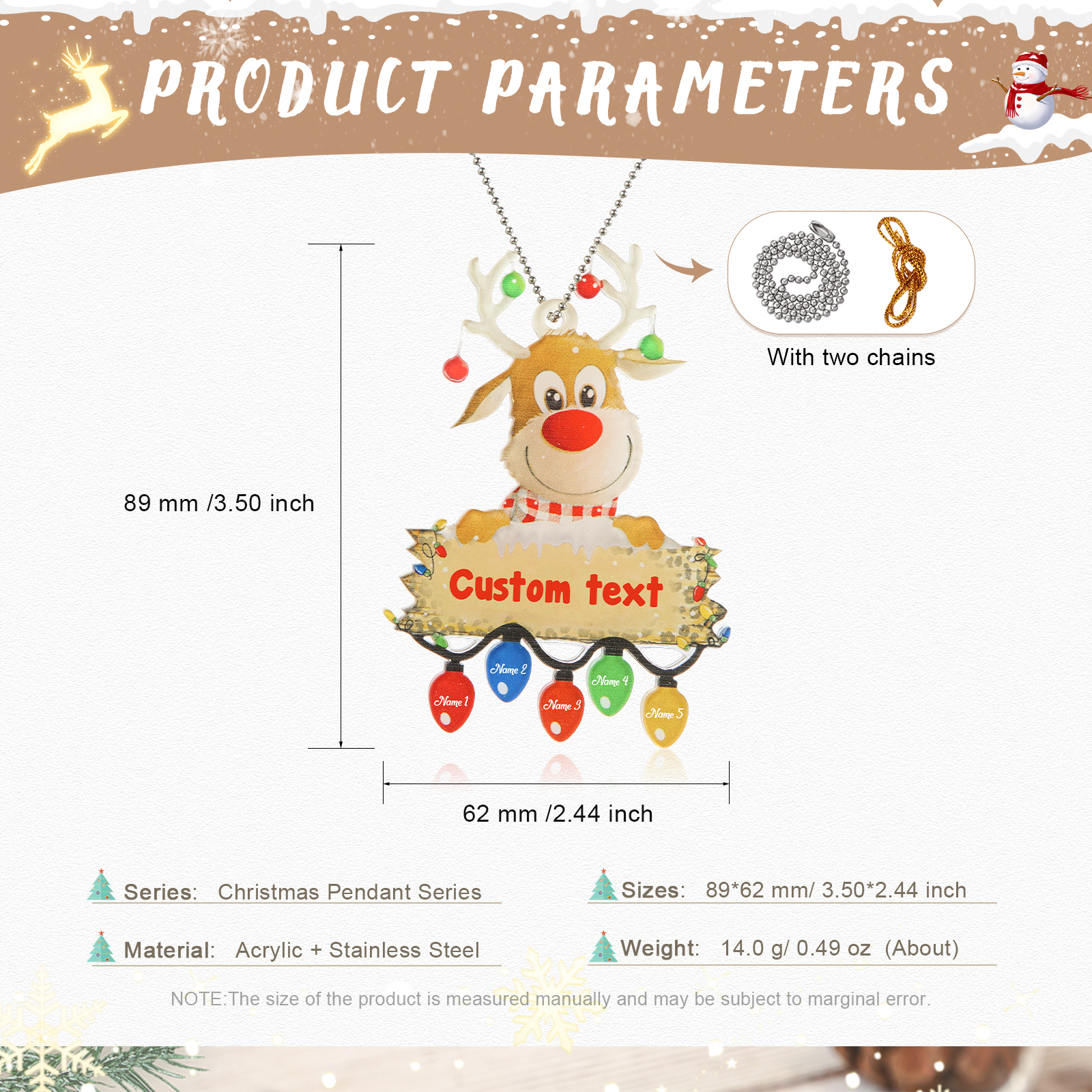 5 Names - Personalised Acrylic Christmas Reindeer Ornaments Customised Text & Name Xmas Pendant Gifts for Family-Jessemade AU