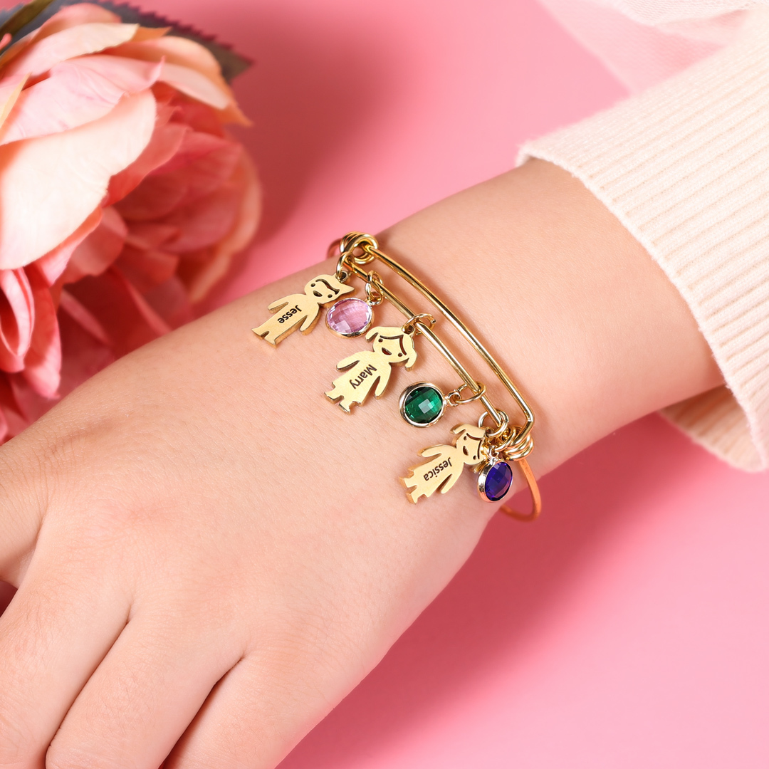 Personalised Kid Charms Bangle Bracelet With Names Customised 5 Birthstones Gift for Her-Jessemade AU