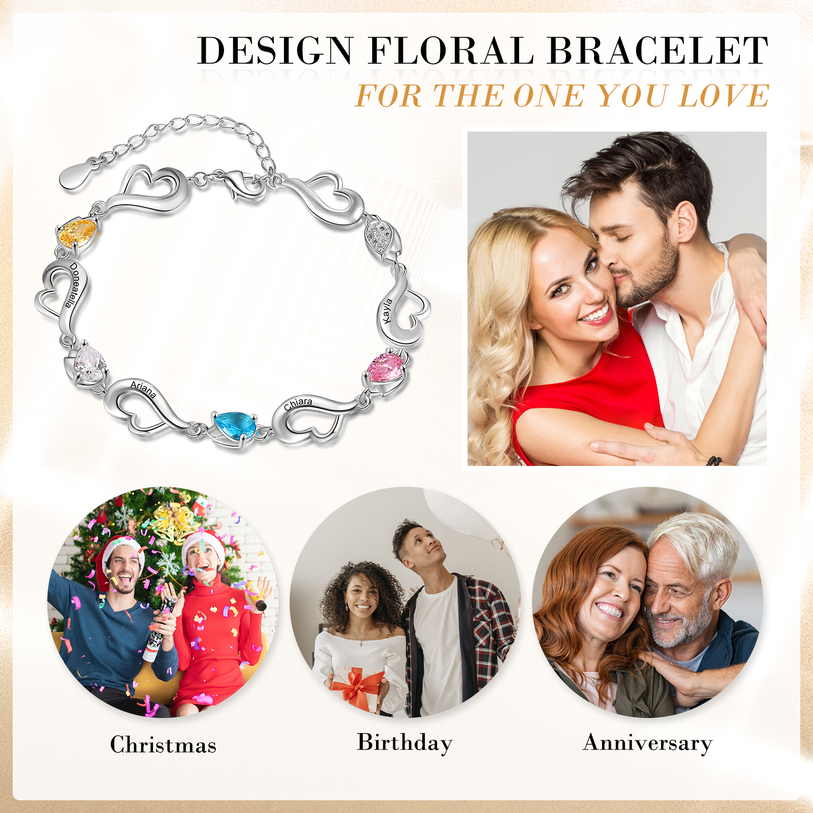 Personalised Heart Bracelet With 4 Birthstones Engraved Name Bracelet Gifts For Her-Jessemade AU