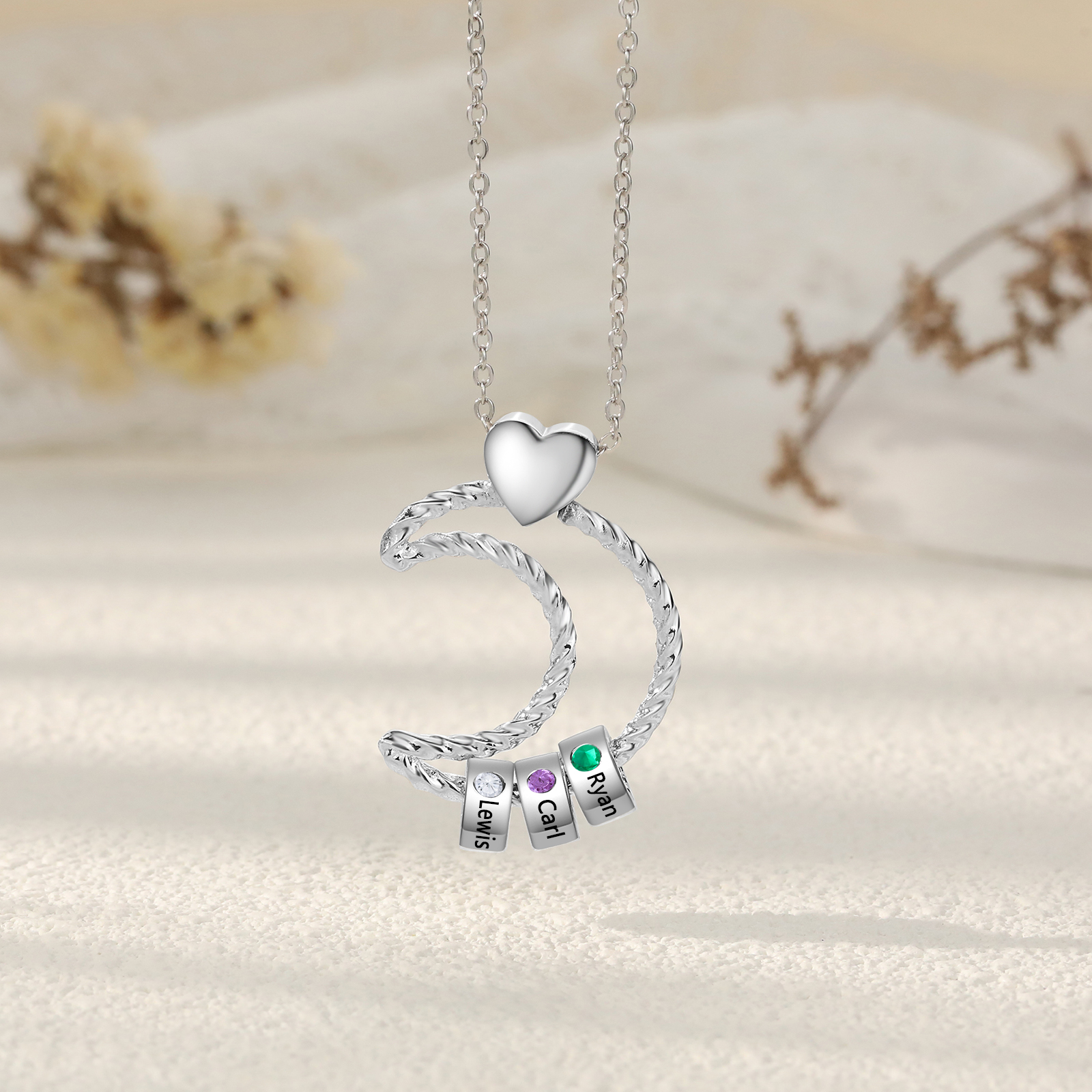 3 Names - Personalised Moon Pendant Necklace Custom Birthstones & Names Necklace Gift for Her-Jessemade AU