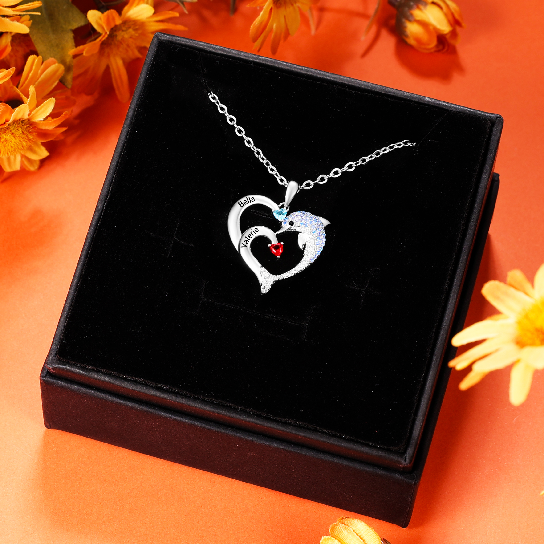 Personalised Heart Dolphin Necklace With 2 Birthstones Engraved Names Gift For Her-Jessemade AU