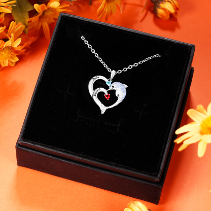 Personalised Heart Dolphin Necklace With 2 Birthstones Engraved Names Gift For Her-Jessemade AU