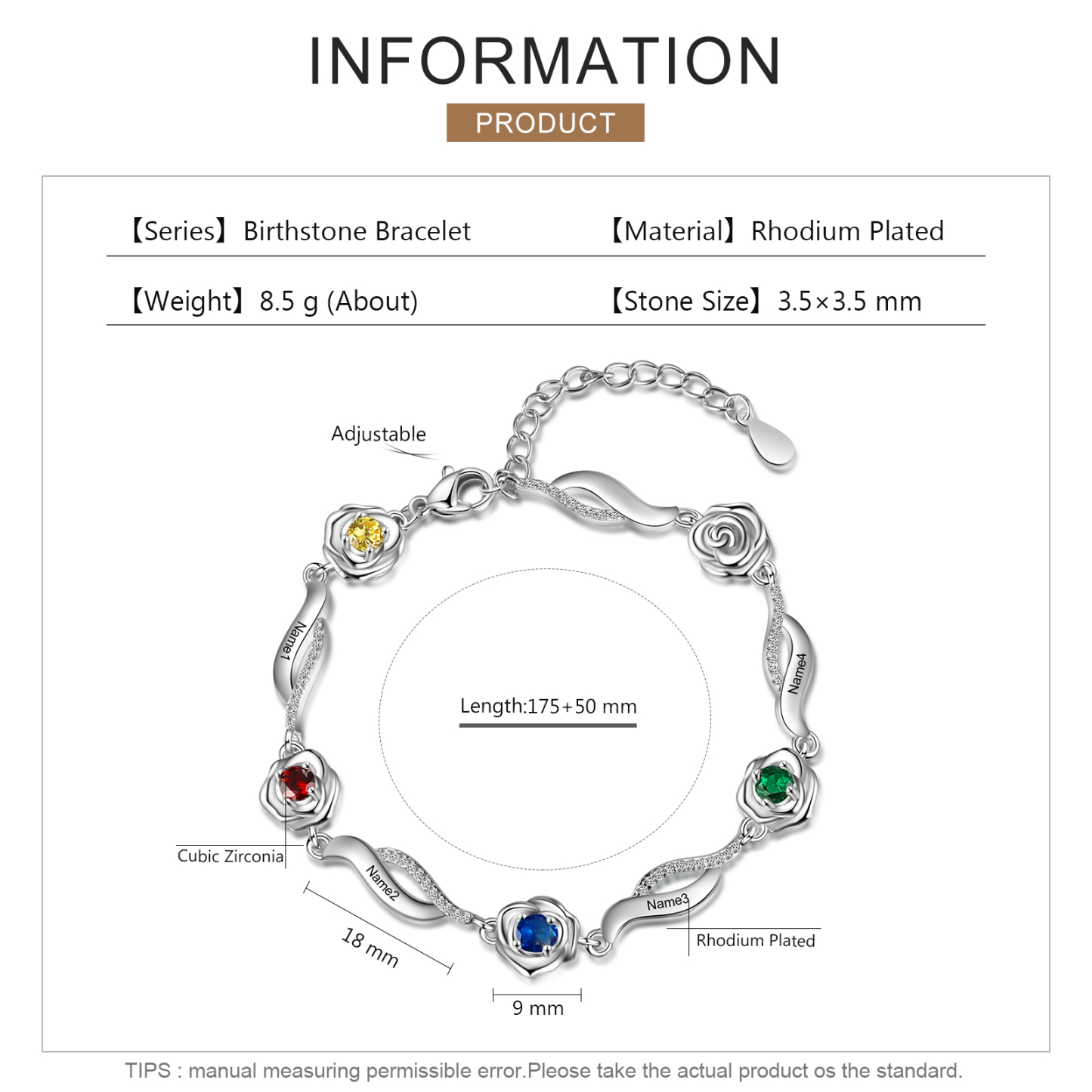 4 Names - Personalised Rose Bracelet Custom Name & Birthstone Adjustable Bracelet Gifts for Her-Jessemade AU