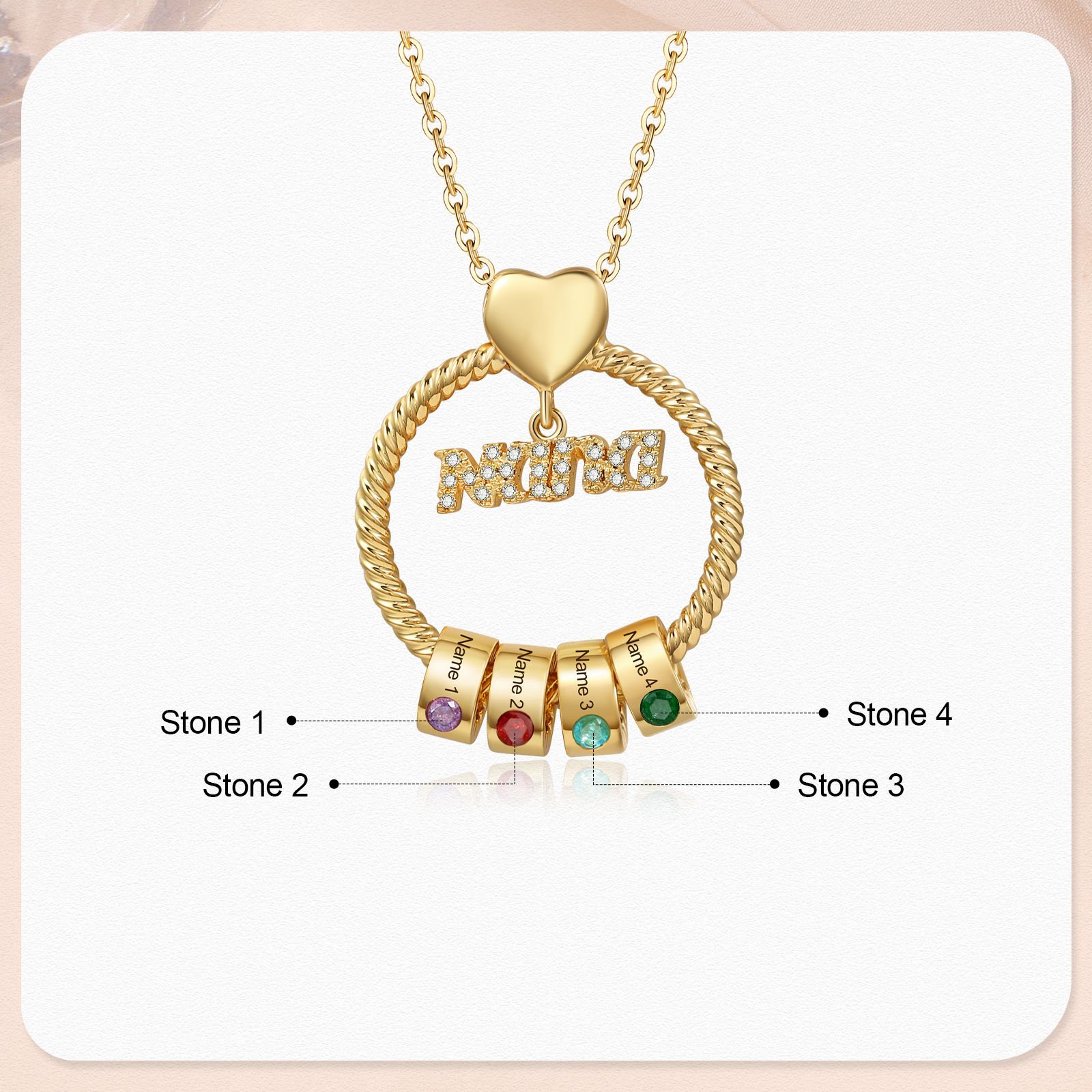 4 Names - Personalised Nana Necklace Custom Names & Birthstones Circle Pendant Necklace Gift for Grandma Nana-Jessemade AU