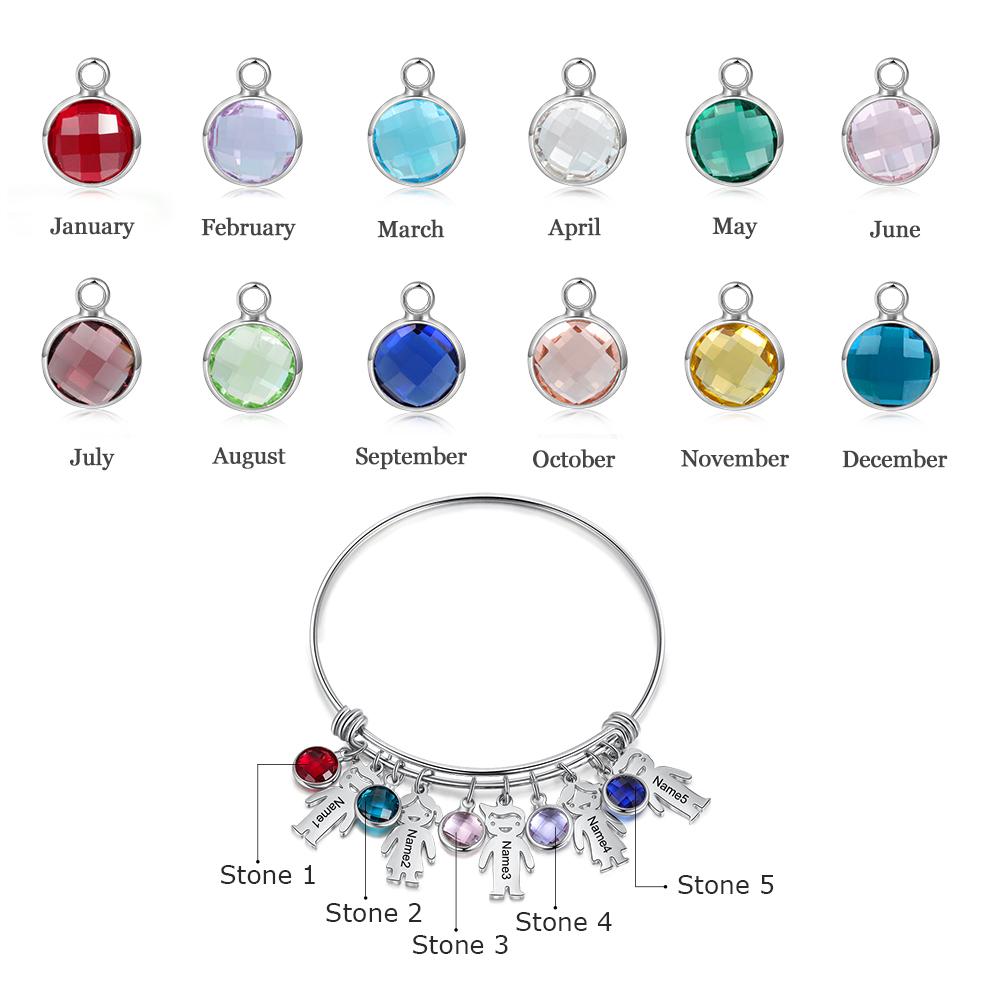 Women Bangle Bracelet with Kids Charms 5 Birthstones Engraved 5 Names Rose Box Set-Jessemade AU