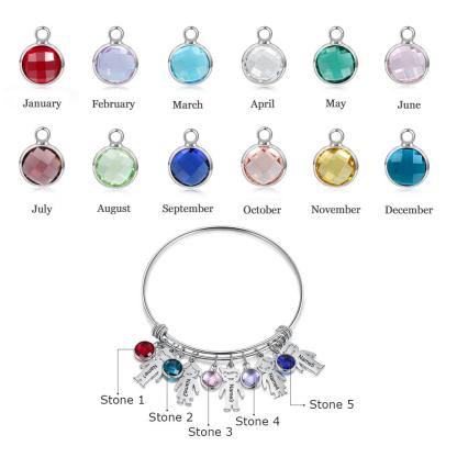Women Bangle Bracelet with Kids Charms 5 Birthstones Engraved 5 Names Rose Box Set-Jessemade AU